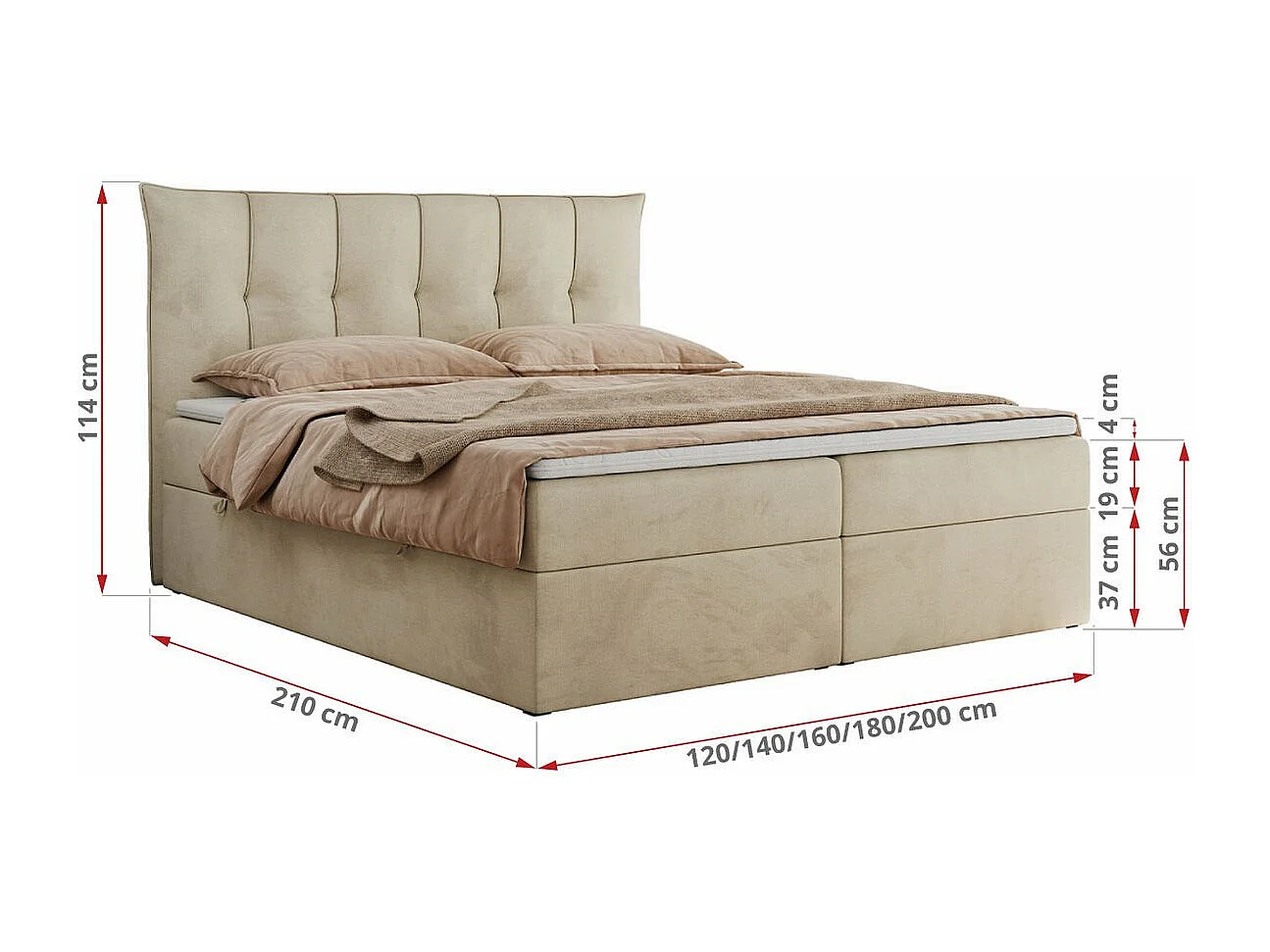 Boxspringbett PREMIUM 10 mit Multipocket-Matratze, gesteppte Kopfstütze, zwei Bettkästen - 180x200 cm - H3 - Creme Velvet