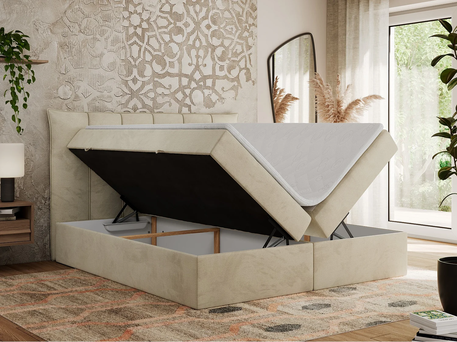 Boxspringbett PREMIUM 10 mit Multipocket-Matratze, gesteppte Kopfstütze, zwei Bettkästen - 180x200 cm - H3 - Creme Velvet