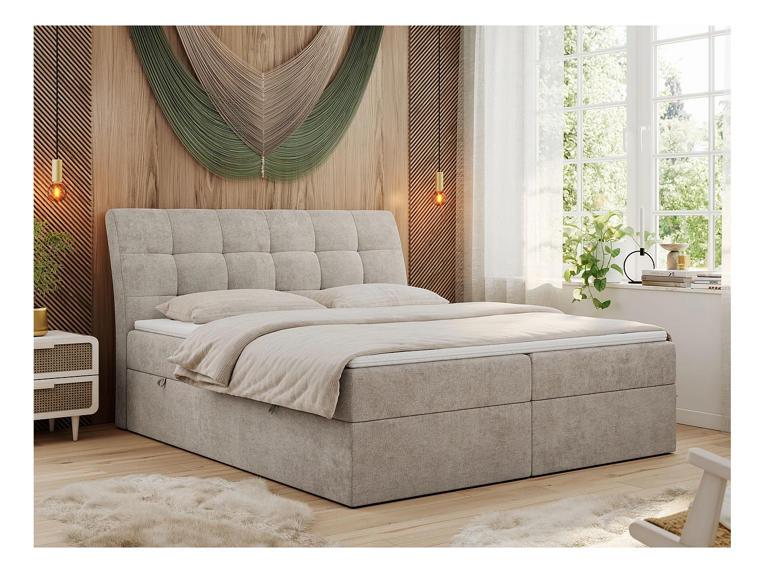 Boxspringbett DIEGOS mit Stauraum, gestepptem Kopfteil, Multipocket-Matratze - 120x200 cm - H4 - Beige Strukture