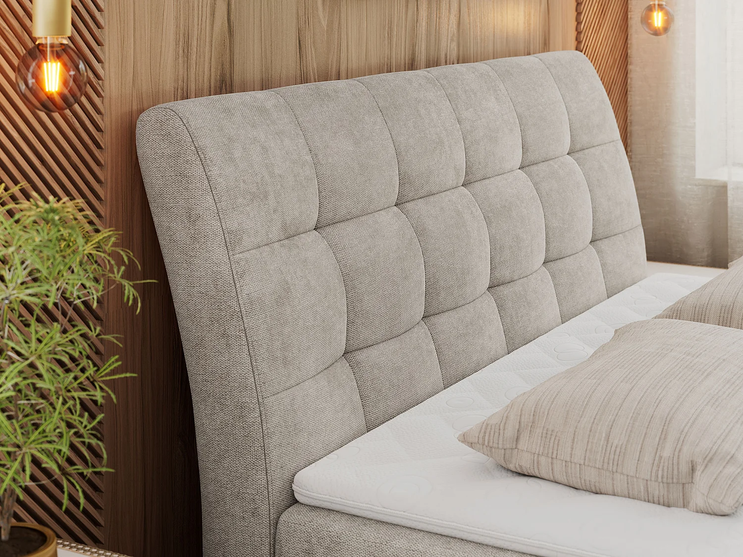 Boxspringbett DIEGOS mit Stauraum, gestepptem Kopfteil, Multipocket-Matratze - 120x200 cm - H4 - Beige Strukture