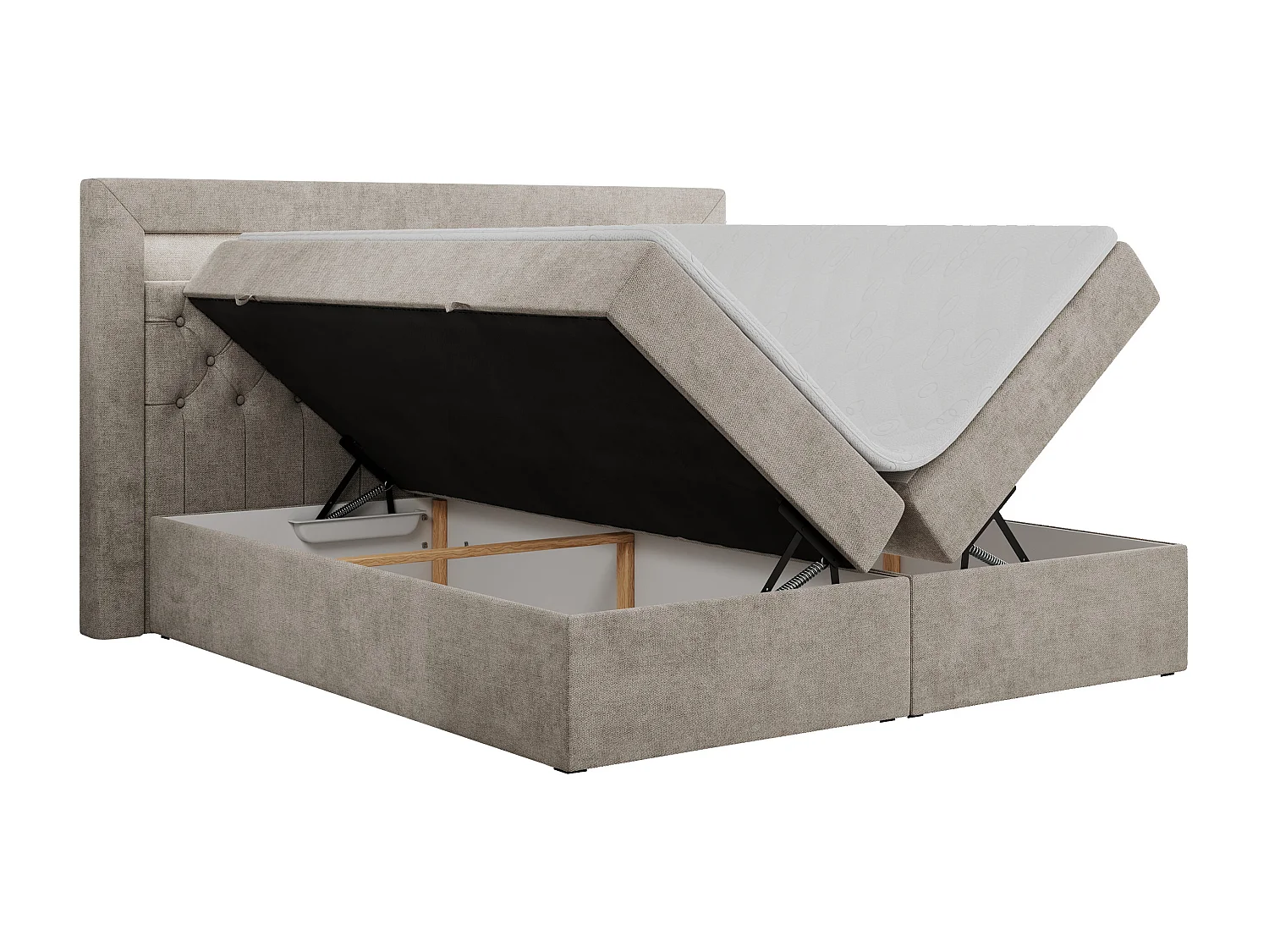 Boxspringbett GOLD 6, Doppelbett mit Stauraum, LED-Beleuchtung, gesteppte Kopfstütze - 140x200 cm - H3 - Beige Strukture