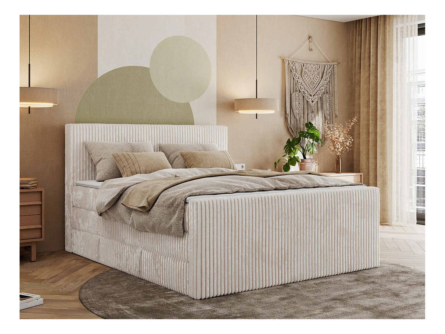 Boxspringbett TILIANO KING DUO, mit zwei Bettkästen, Cord Bett Multipocket-Matratze - 200x200 cm - H3 - Beige Cord