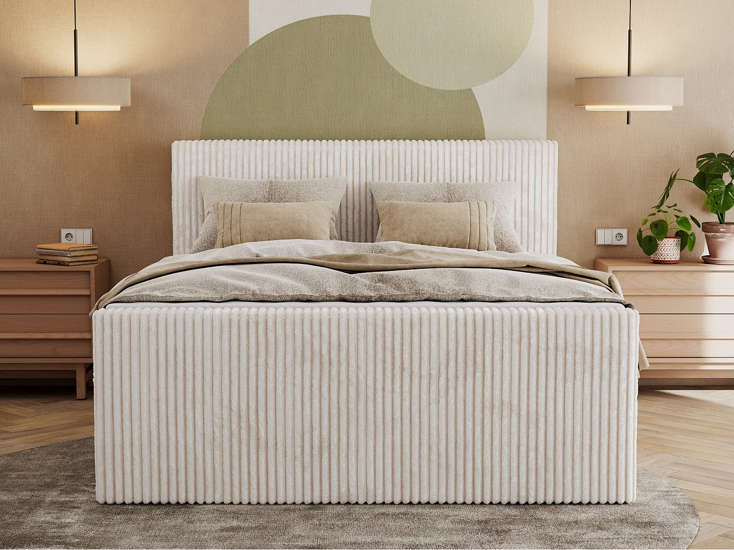 Boxspringbett TILIANO KING DUO, mit zwei Bettkästen, Cord Bett Multipocket-Matratze - 200x200 cm - H3 - Beige Cord