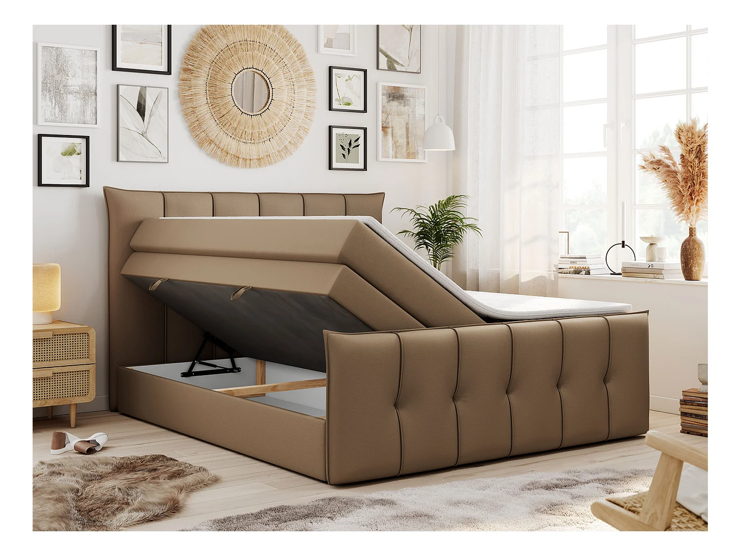 Boxspringbett PREMIUM 11 KING mit Stauraum, gestepptes Kopfteil, zwei Multipocket-Matratzen - 180x200 cm - H3 - Braun Kunstleder