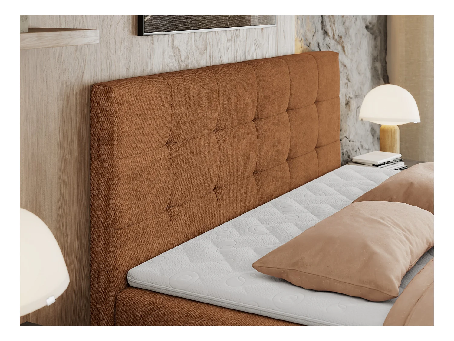 Boxspringbett CENTOS mit gestepptem Kopfteil, Multipocket-Matratze, Doppelbett mit Stauraum - 160x200 cm - H3 - Orange Struktur