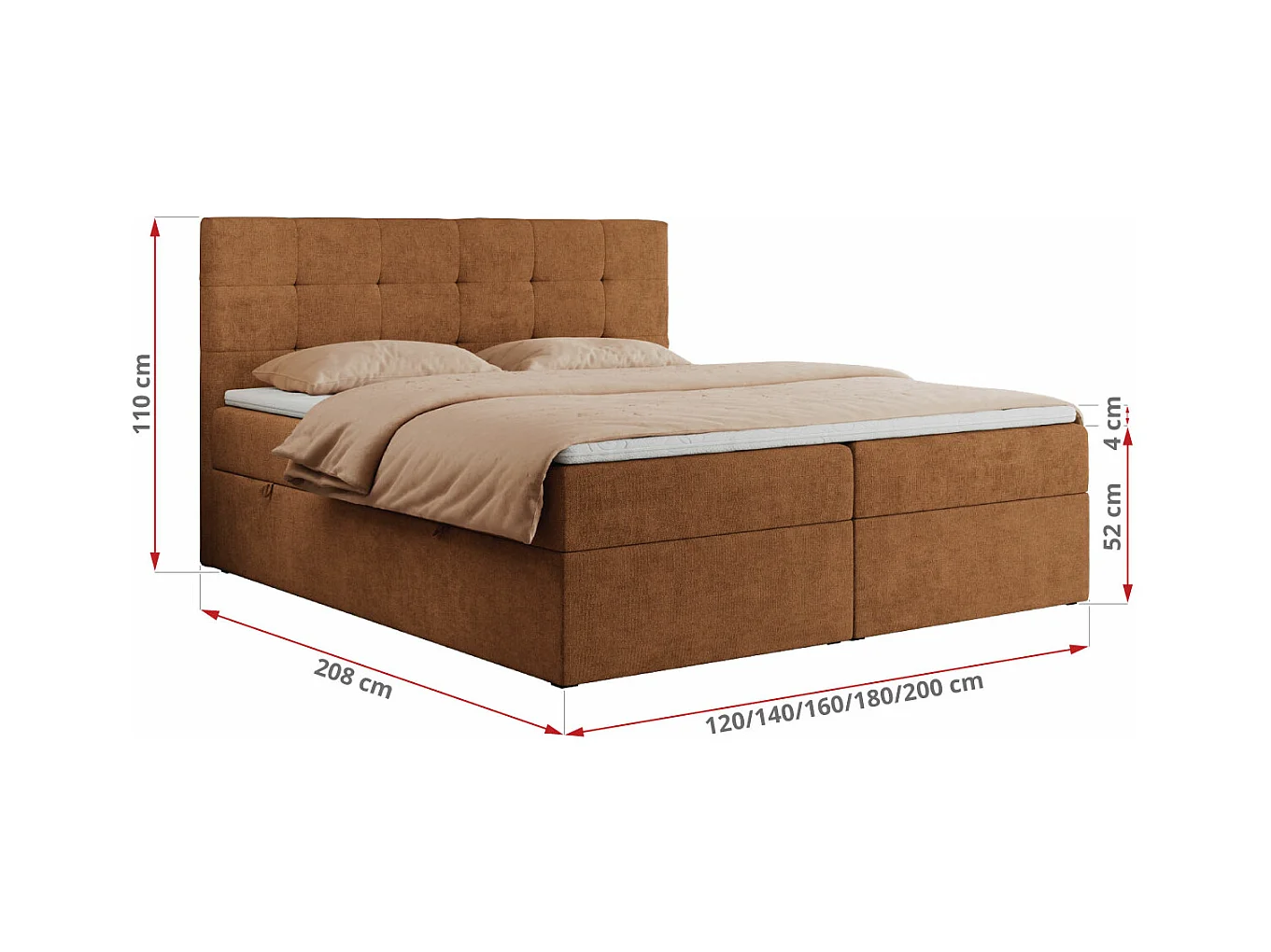 Boxspringbett CENTOS mit gestepptem Kopfteil, Multipocket-Matratze, Doppelbett mit Stauraum - 160x200 cm - H3 - Orange Struktur