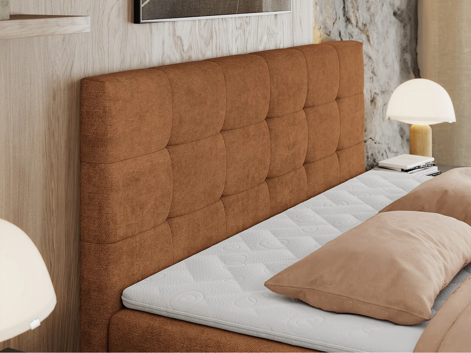 Boxspringbett CENTOS mit gestepptem Kopfteil, Multipocket-Matratze, Doppelbett mit Stauraum - 160x200 cm - H3 - Orange Struktur