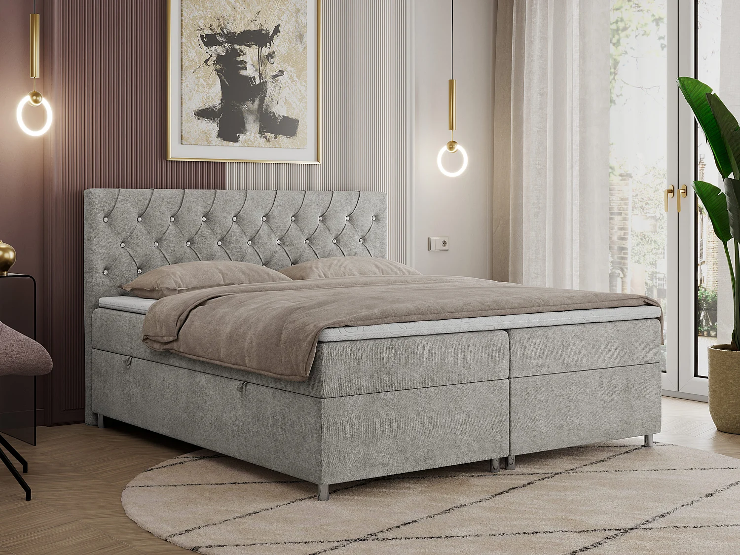 Boxspringbett ROMA mit gestepptem Kopfteil, Multipocket-Matratze, dekorative Füße - 140x200 cm - H3 - Hellgrau Strukture