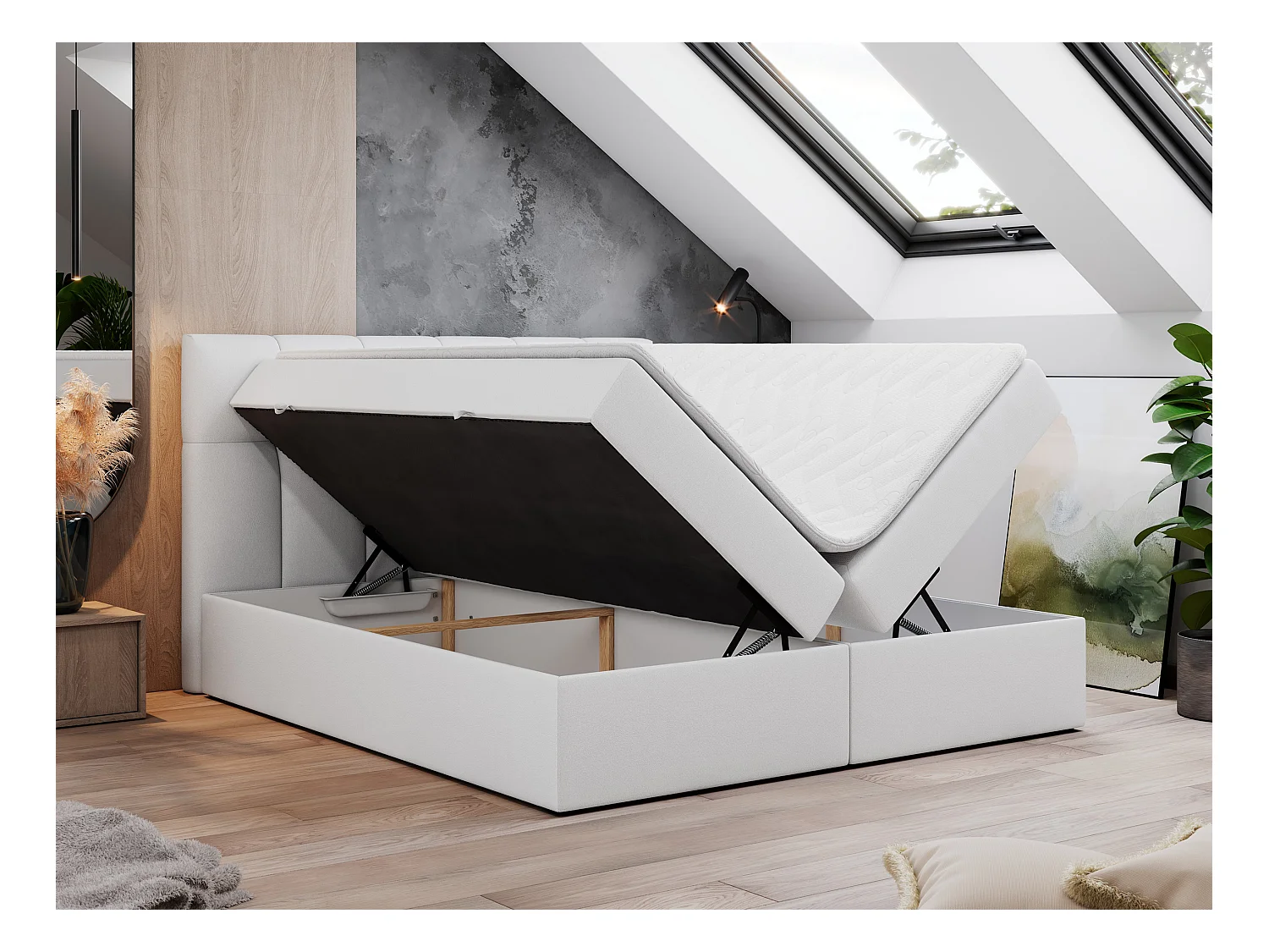 Boxspringbett RICO, Doppelbett mit Matratze, zwei Bettkästen, Bett mit Kopfteil - 160x200 cm - H4 - Weiß Kunstleder