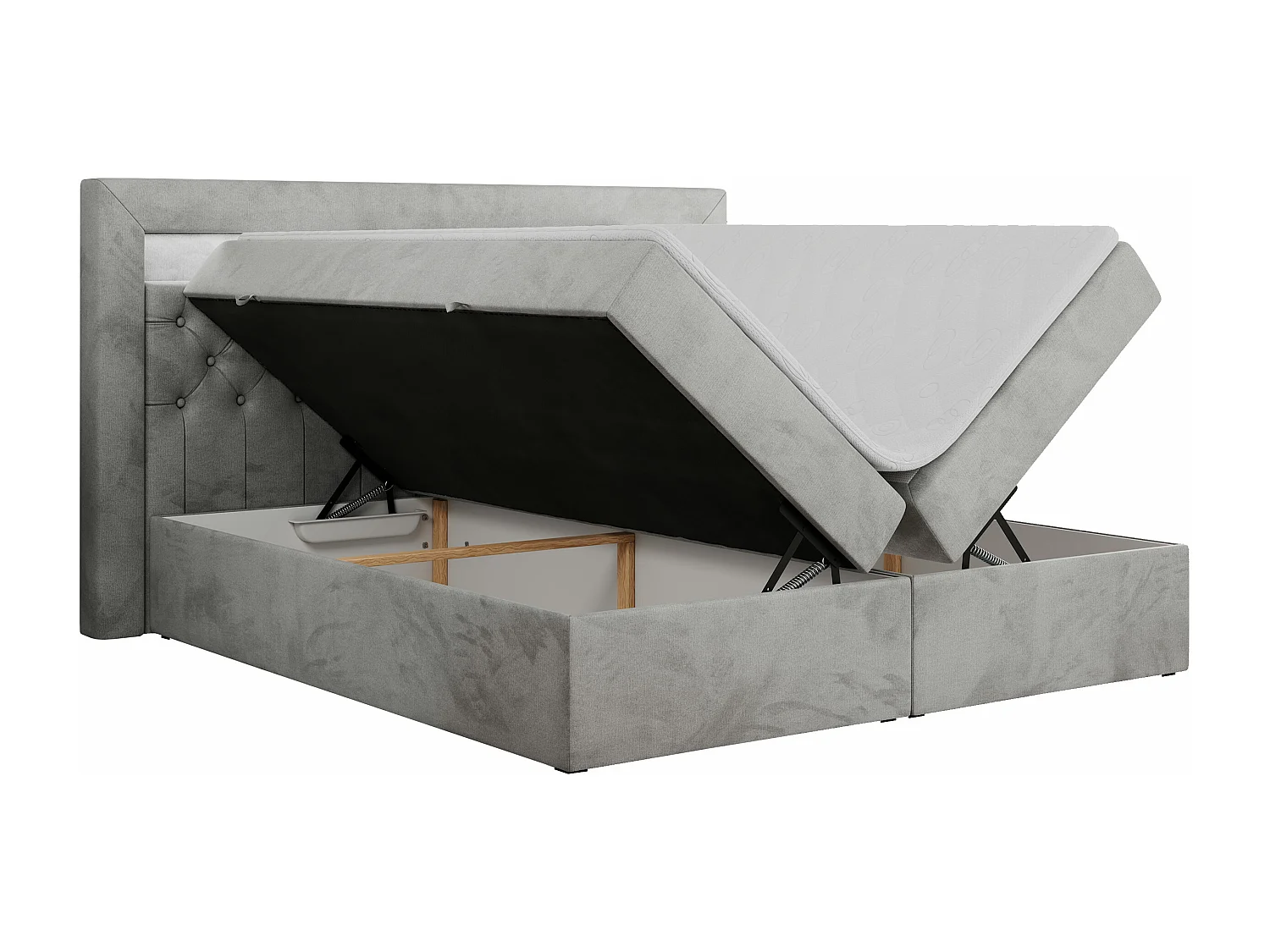 Boxspringbett GOLD 6, Doppelbett mit Stauraum, LED-Beleuchtung, gesteppte Kopfstütze - 180x200 cm - H3 - Hellgrau Velvet