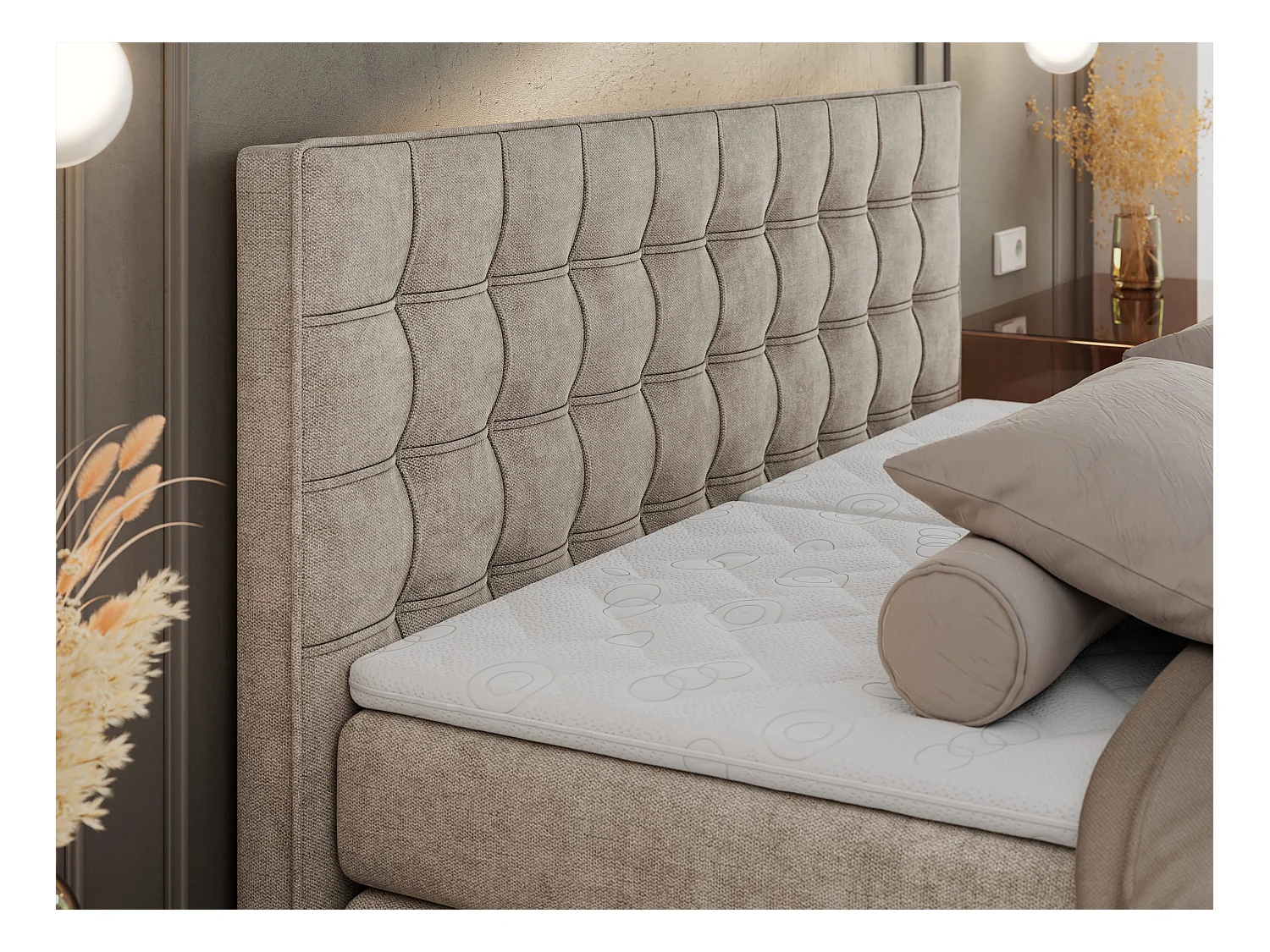 Boxspringbett ELEKTRO mit Multipocket-Matratze, Elektrisch verstellbare, genähtes Kopfteil - 160x200 cm - H3 - Beige Strukture