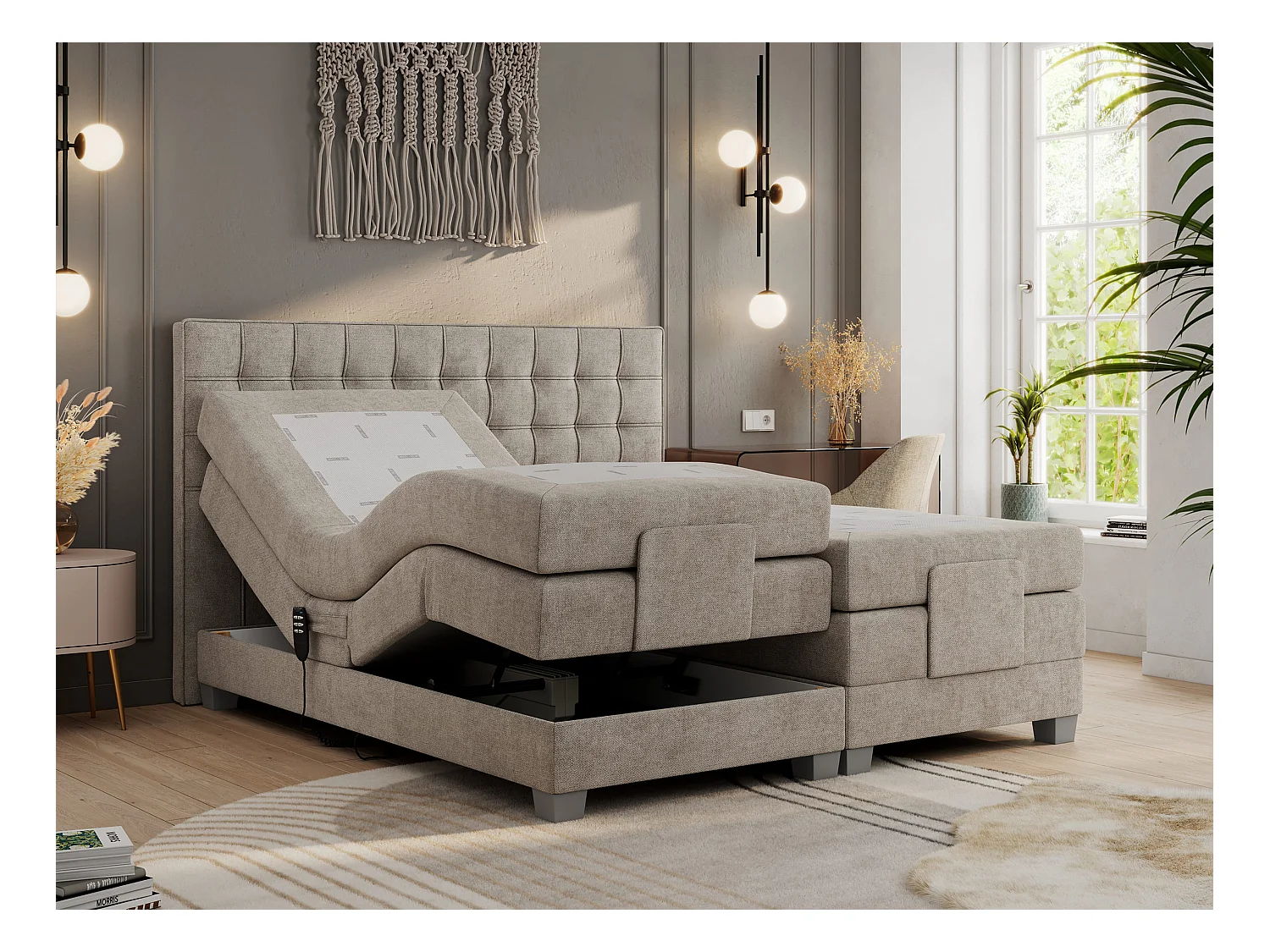 Boxspringbett ELEKTRO mit Multipocket-Matratze, Elektrisch verstellbare, genähtes Kopfteil - 160x200 cm - H3 - Beige Strukture
