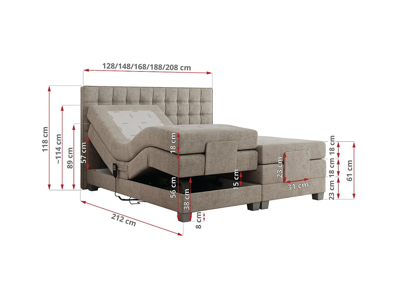 Boxspringbett ELEKTRO mit Multipocket-Matratze, Elektrisch verstellbare, genähtes Kopfteil - 160x200 cm - H3 - Beige Strukture
