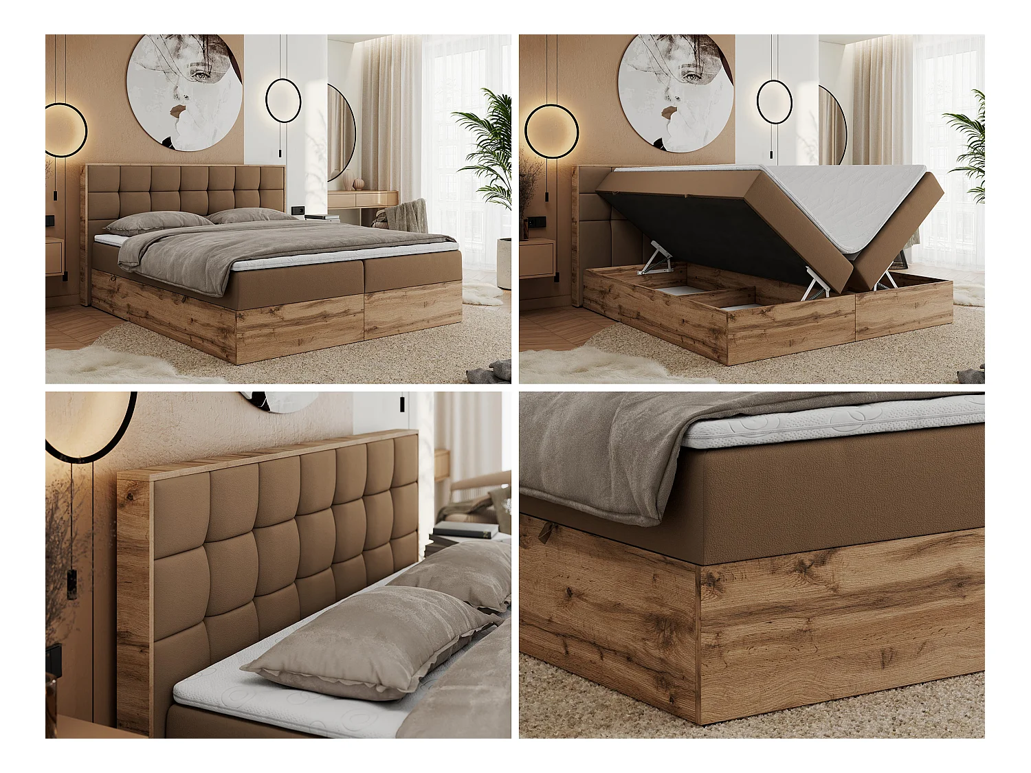 Boxspringbett ALBERO 1, Polsterbett mit gestepptem Kopfteil, Multipocket-Matratze - 160x200 cm - H4 - Braun Kunstleder