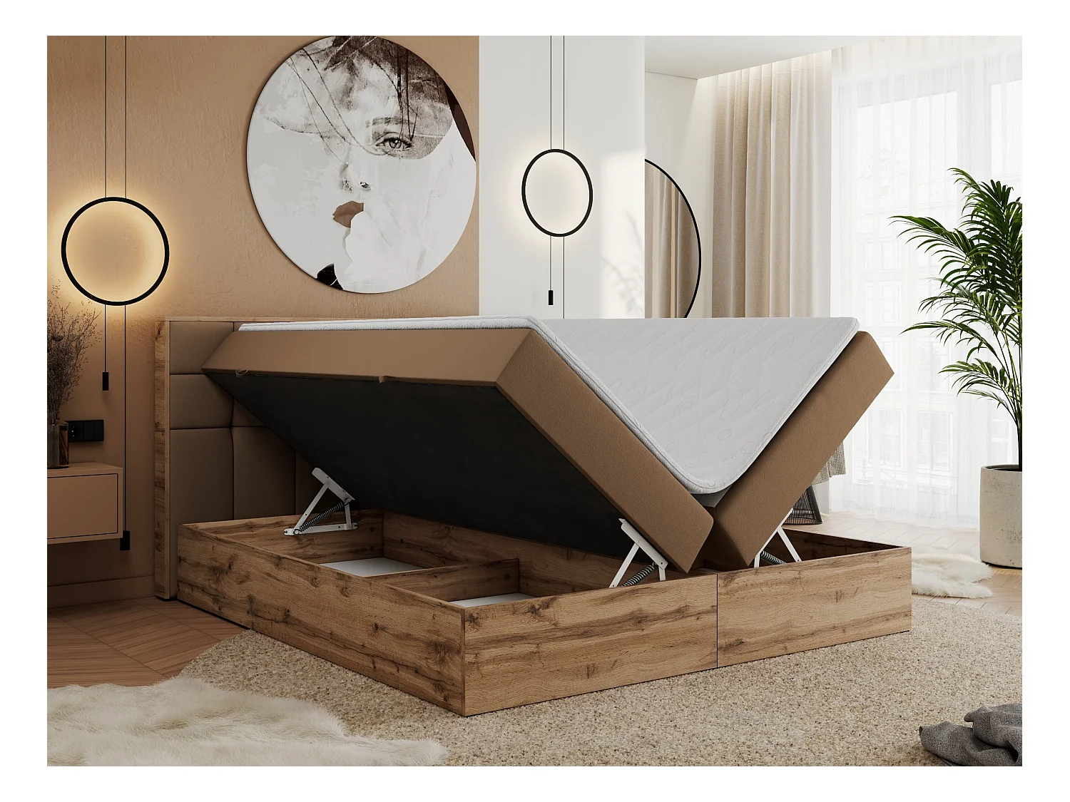Boxspringbett ALBERO 1, Polsterbett mit gestepptem Kopfteil, Multipocket-Matratze - 160x200 cm - H4 - Braun Kunstleder
