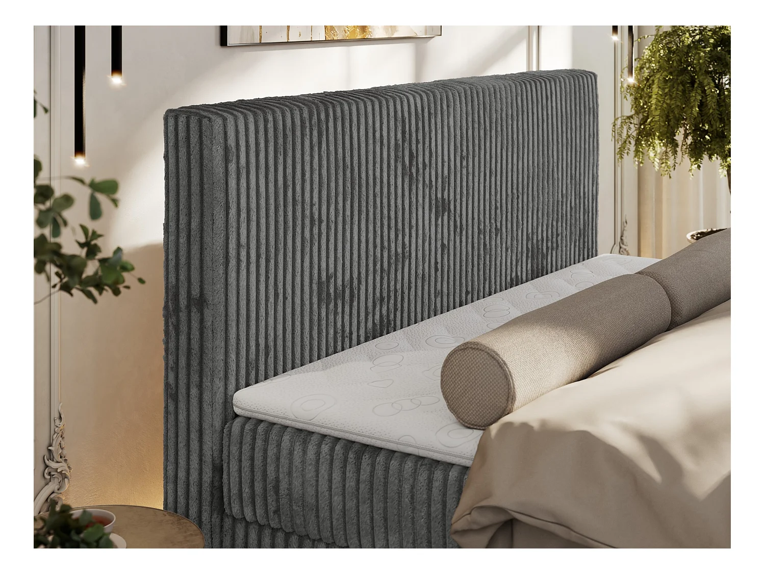 Boxspringbett TILIANO DUO mit gepolstertem Fußteil, Cord Bett, Multipocket-Matratze - 160x200 cm - H4 - Grau Cord