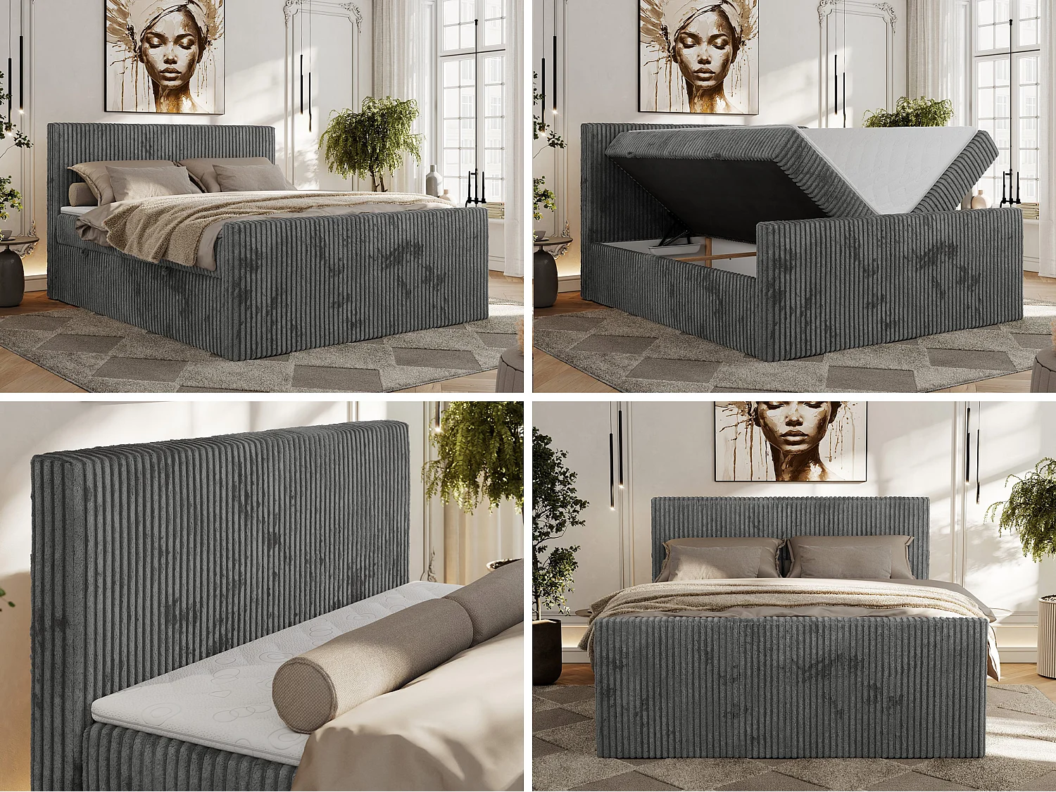 Boxspringbett TILIANO DUO mit gepolstertem Fußteil, Cord Bett, Multipocket-Matratze - 160x200 cm - H4 - Grau Cord