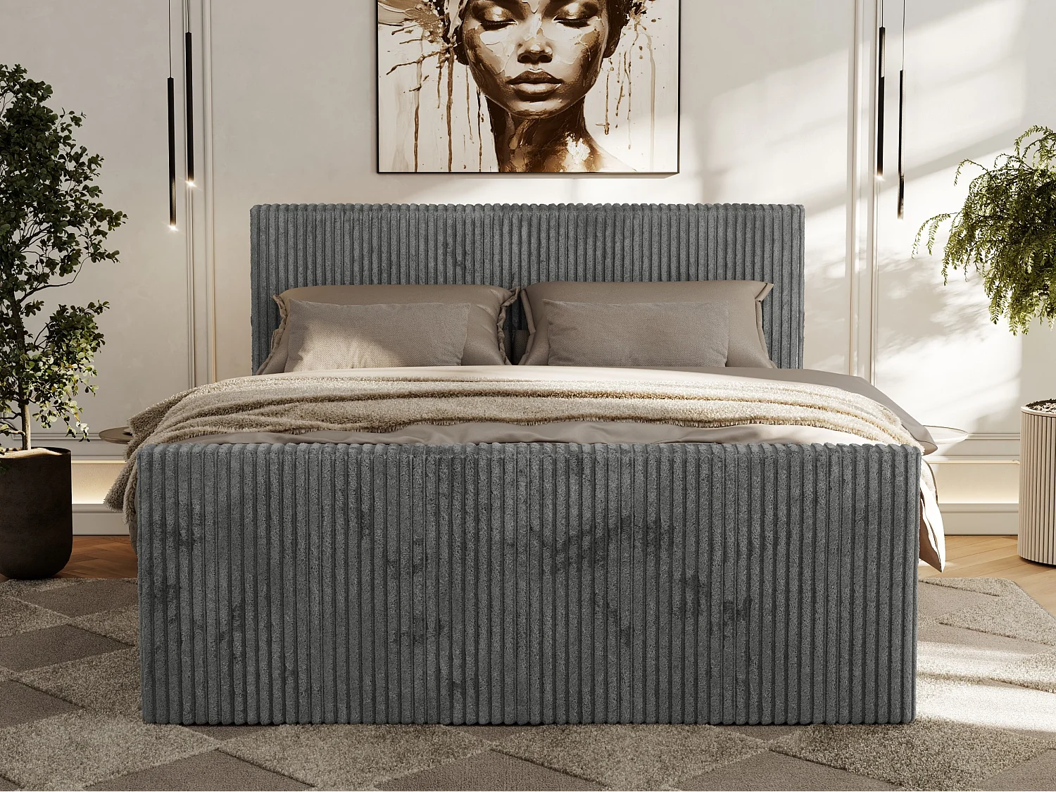 Boxspringbett TILIANO DUO mit gepolstertem Fußteil, Cord Bett, Multipocket-Matratze - 160x200 cm - H4 - Grau Cord