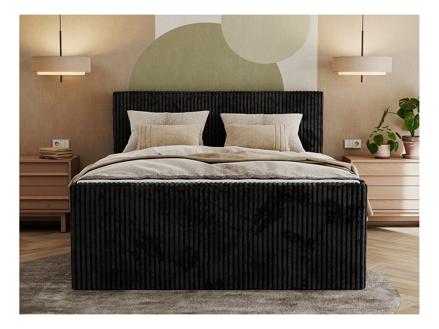Boxspringbett TILIANO KING DUO, mit zwei Bettkästen, Cord Bett Multipocket-Matratze - 200x200 cm - H3 - Schwarz Cord
