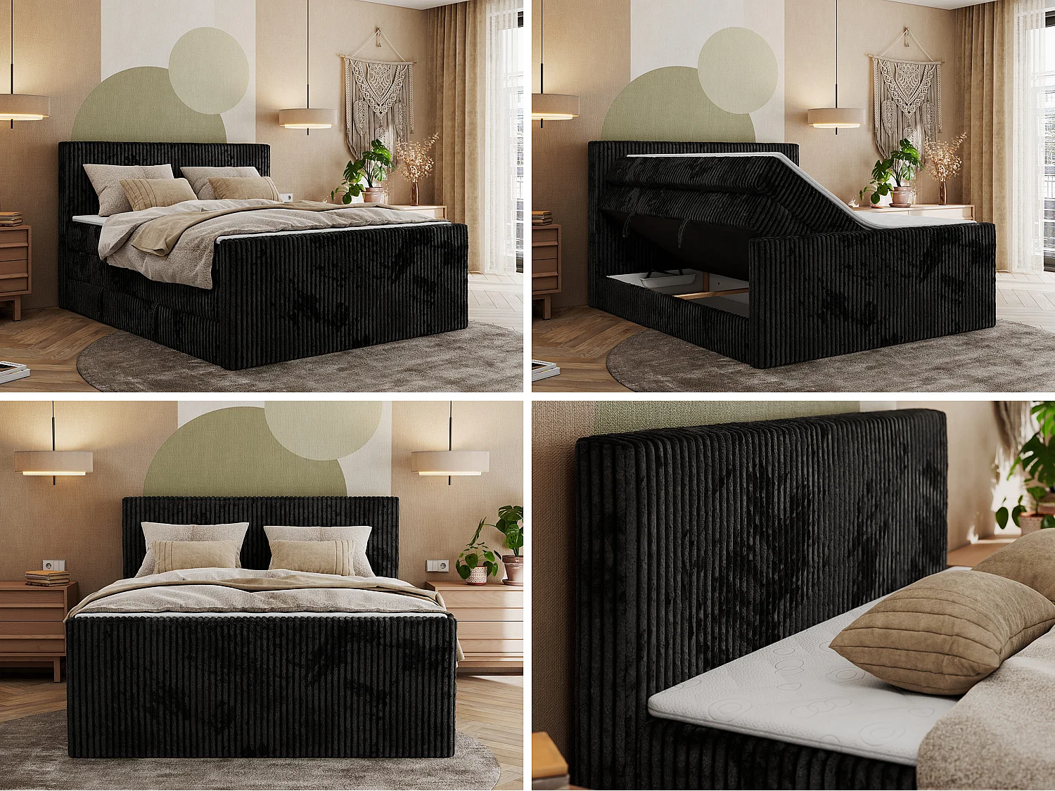 Boxspringbett TILIANO KING DUO, mit zwei Bettkästen, Cord Bett Multipocket-Matratze - 200x200 cm - H3 - Schwarz Cord
