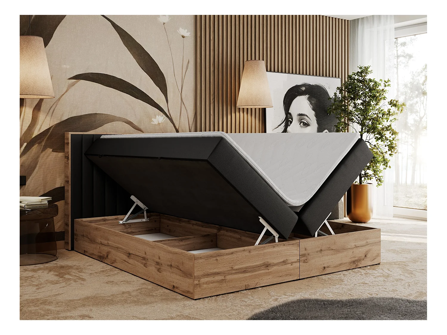 Boxspringbett ALBERO 4, Eiche Wotan Holzrahmen, mit Stauraum, genähtes Kopfteil - 200x200 cm - H4 - Schwarz Kunstleder