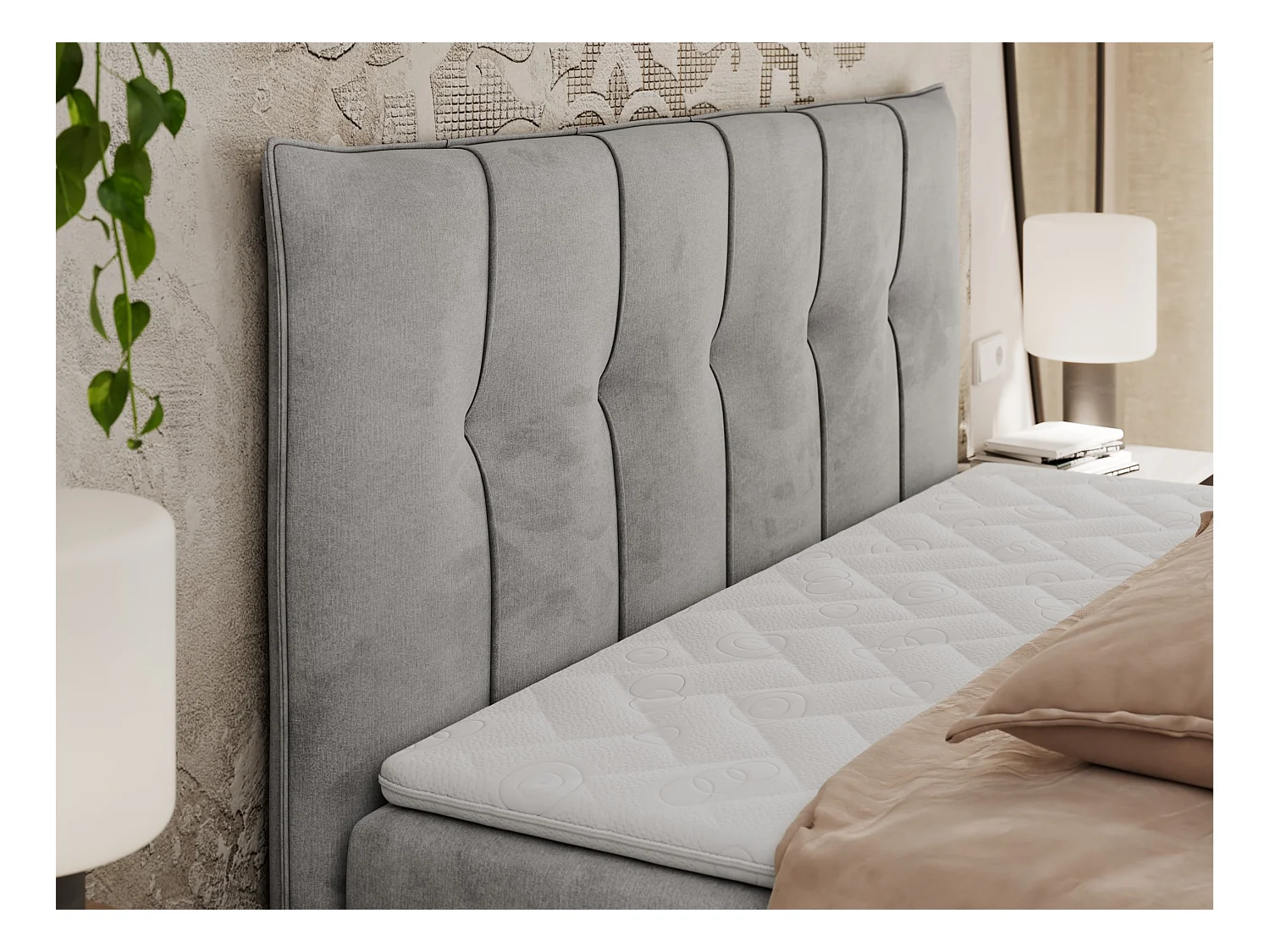 Boxspringbett PREMIUM 10 mit Multipocket-Matratze, gesteppte Kopfstütze, zwei Bettkästen - 140x200 cm - H3 - Hellgrau Velvet