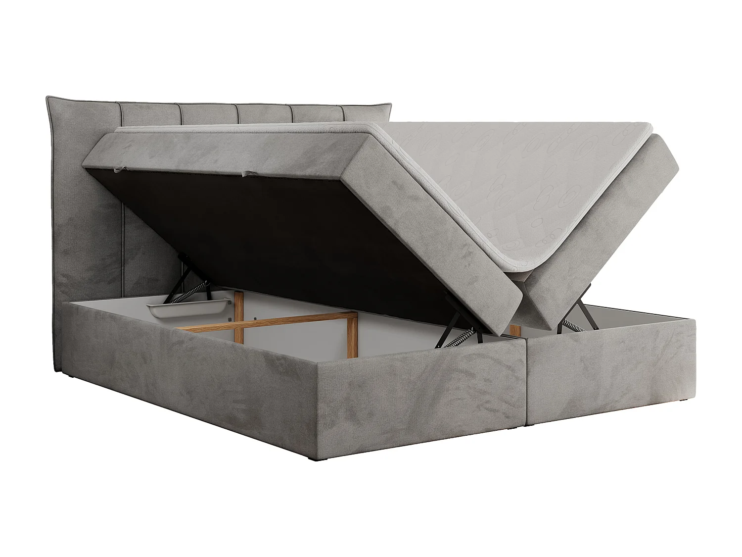 Boxspringbett PREMIUM 10 mit Multipocket-Matratze, gesteppte Kopfstütze, zwei Bettkästen - 140x200 cm - H3 - Hellgrau Velvet