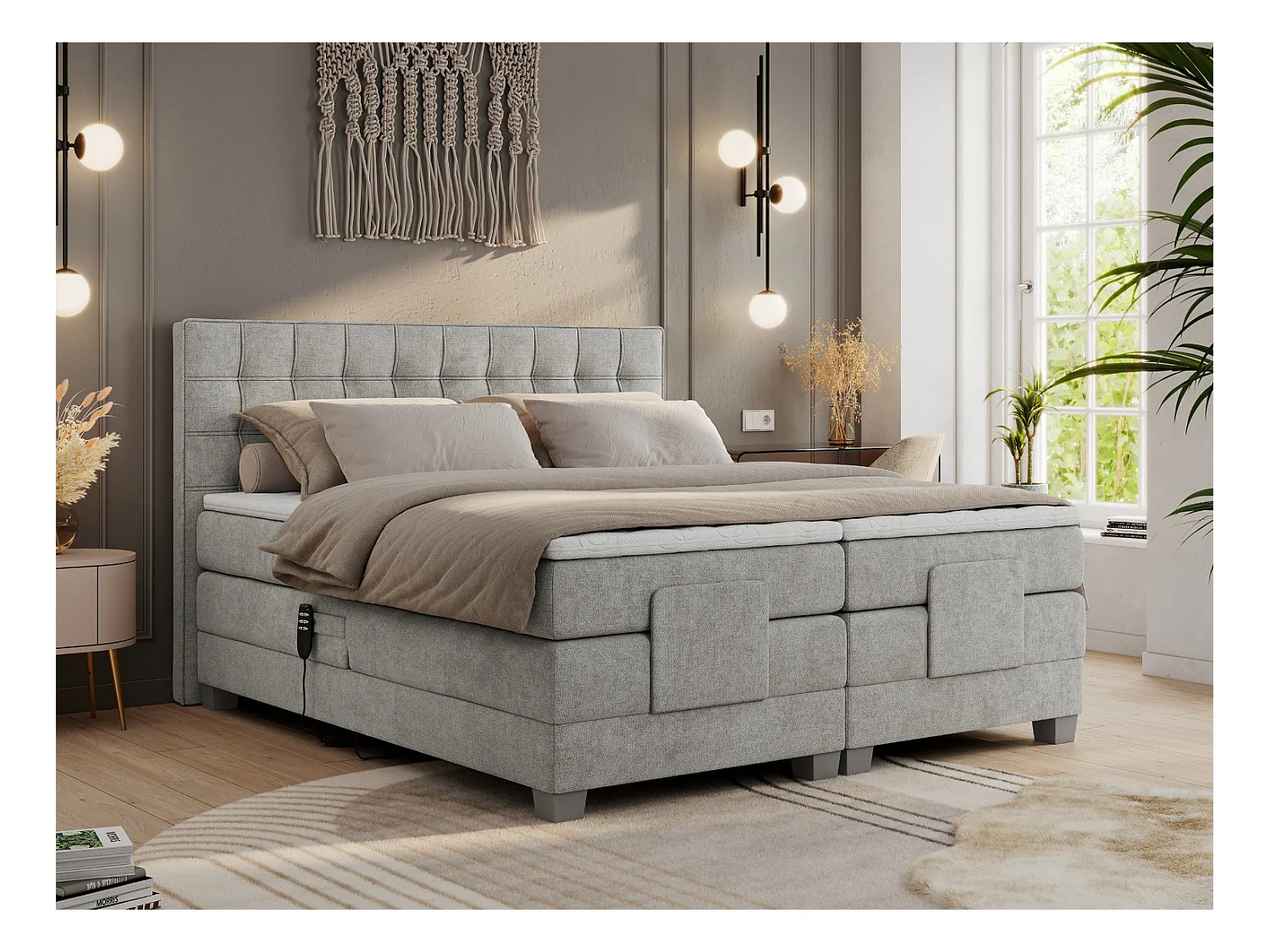 Boxspringbett ELEKTRO mit Multipocket-Matratze, Elektrisch verstellbare, genähtes Kopfteil - 160x200 cm - H4 - Hellgrau Strukture