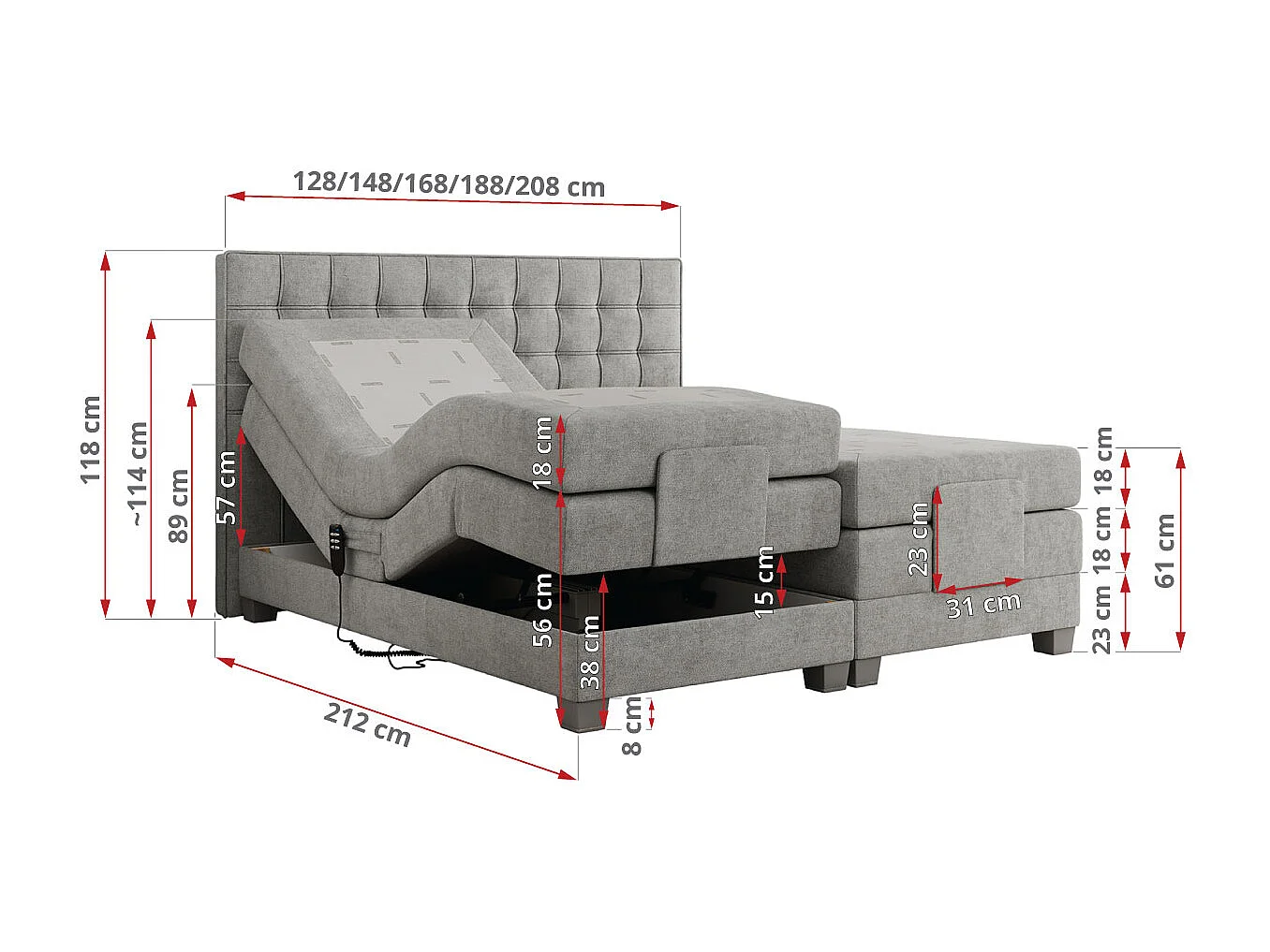 Boxspringbett ELEKTRO mit Multipocket-Matratze, Elektrisch verstellbare, genähtes Kopfteil - 160x200 cm - H4 - Hellgrau Strukture