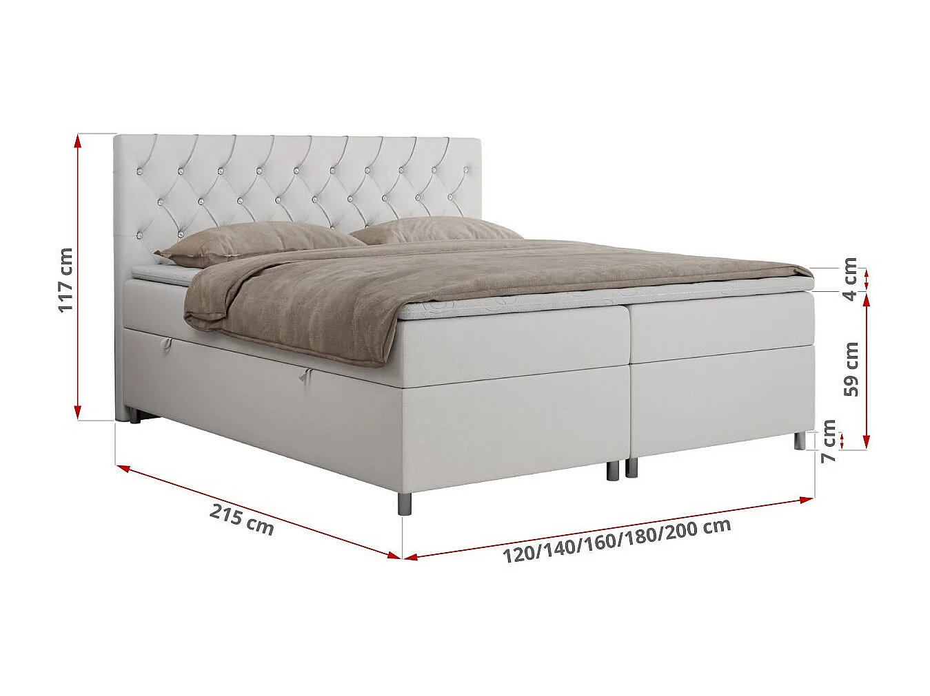 Boxspringbett ROMA mit gestepptem Kopfteil, Multipocket-Matratze, dekorative Füße - 160x200 cm - H3 - Weiß Kunstleder