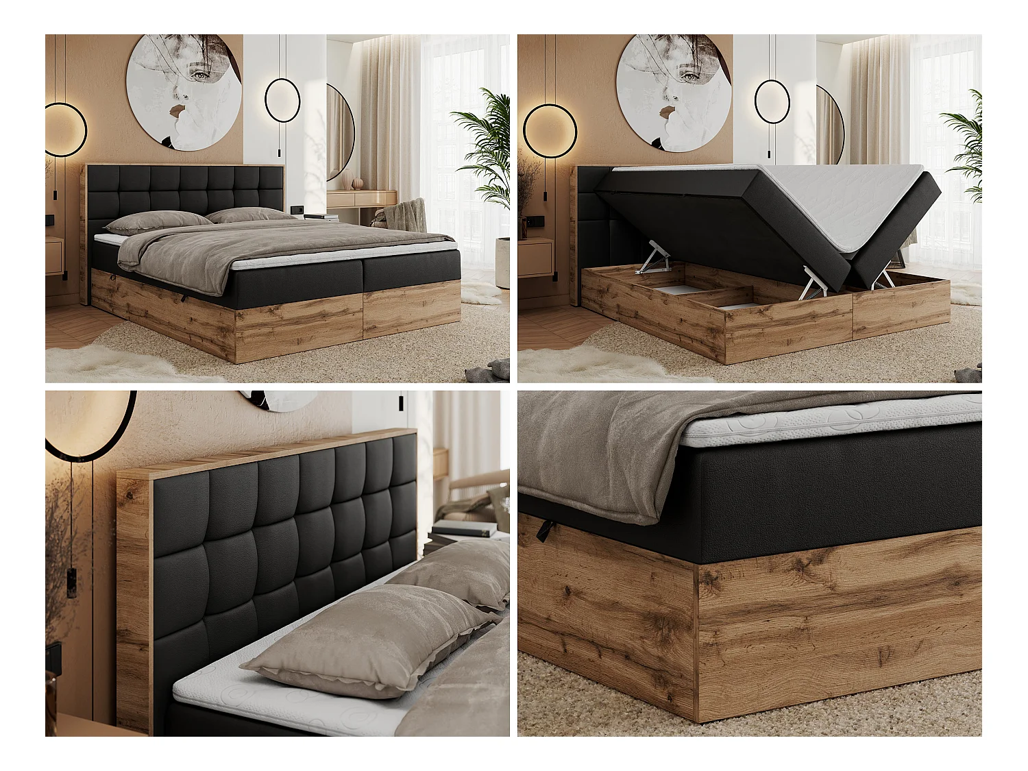 Boxspringbett ALBERO 1, Polsterbett mit gestepptem Kopfteil, Multipocket-Matratze - 180x200 cm - H4 - Schwarz Kunstleder