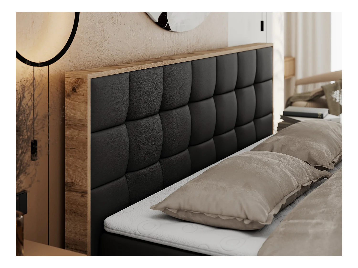 Boxspringbett ALBERO 1, Polsterbett mit gestepptem Kopfteil, Multipocket-Matratze - 180x200 cm - H4 - Schwarz Kunstleder