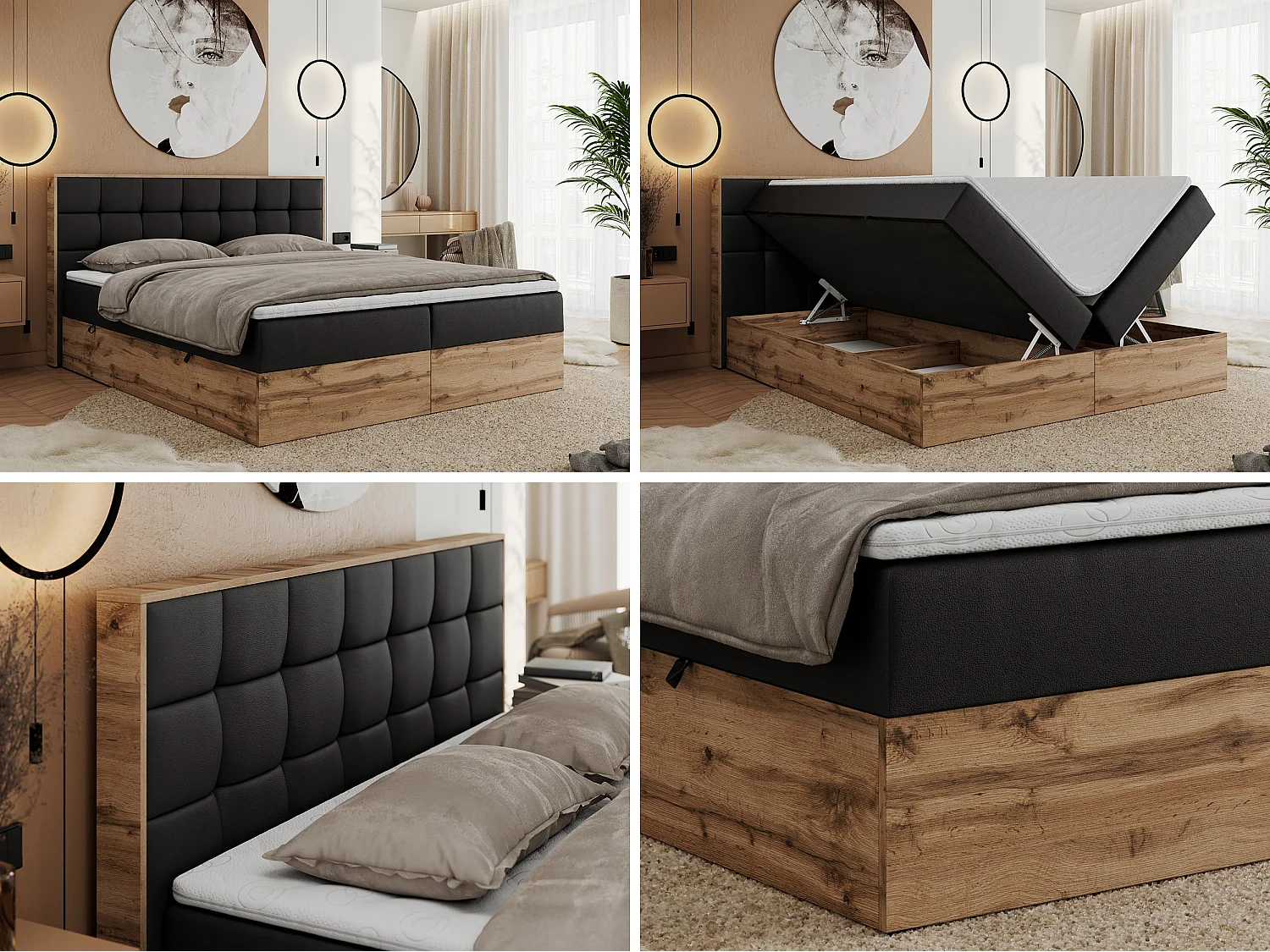 Boxspringbett ALBERO 1, Polsterbett mit gestepptem Kopfteil, Multipocket-Matratze - 180x200 cm - H4 - Schwarz Kunstleder
