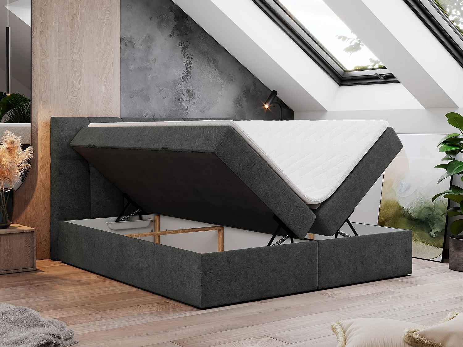 Boxspringbett RICO, Doppelbett mit Matratze, zwei Bettkästen, Bett mit Kopfteil - 120x200 cm - H4 - Dunkelgrau Stukture