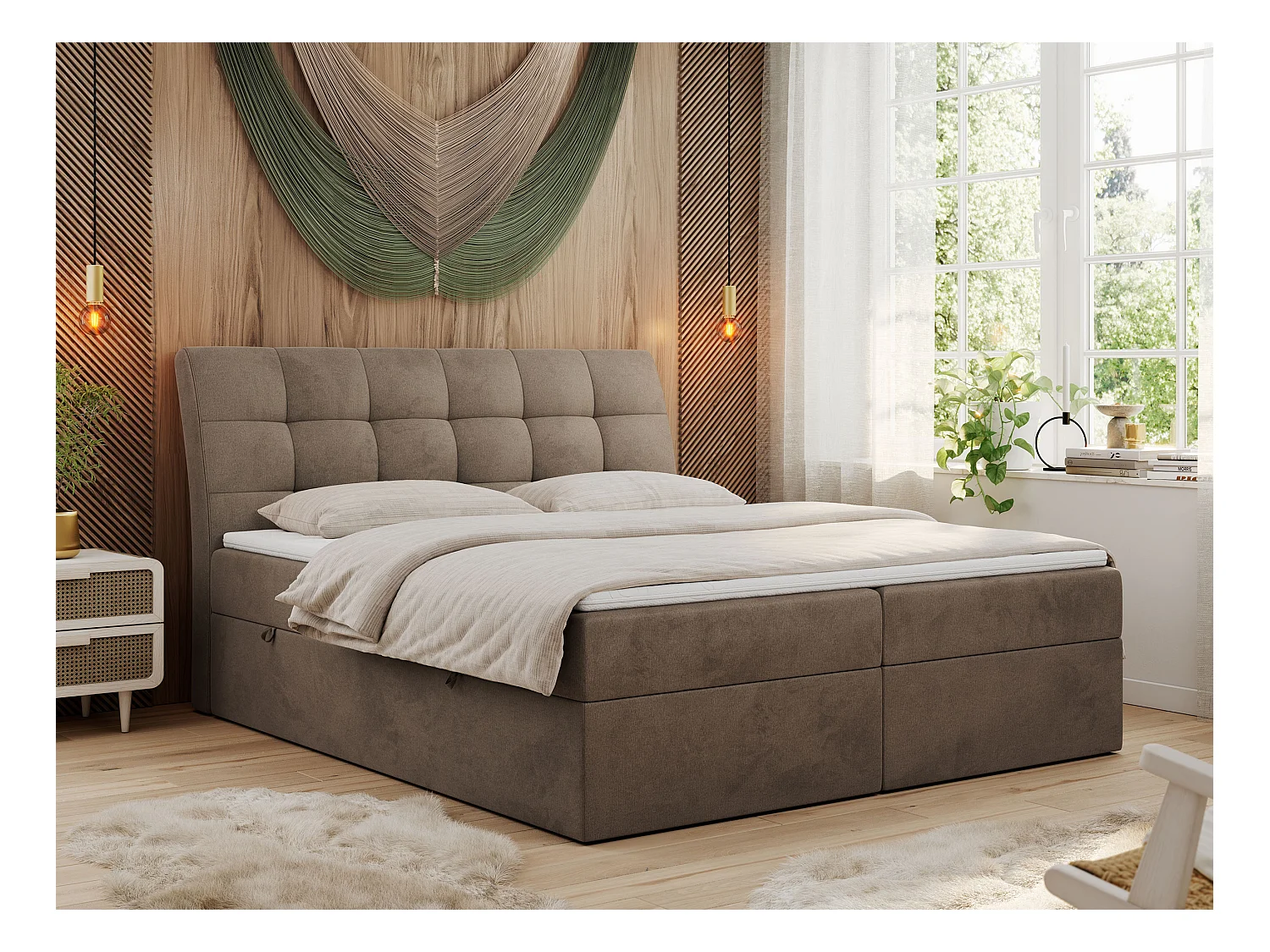 Boxspringbett DIEGOS mit Stauraum, gestepptem Kopfteil, Multipocket-Matratze - 160x200 cm - H3 - Braun Velvet