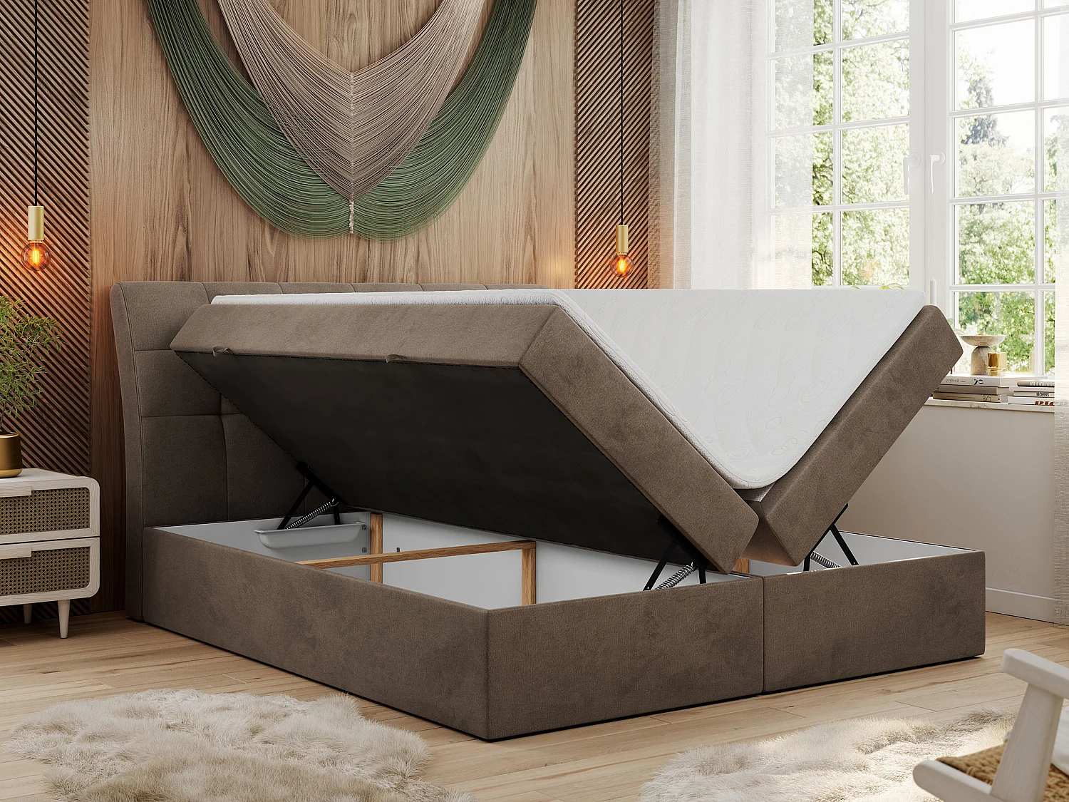 Boxspringbett DIEGOS mit Stauraum, gestepptem Kopfteil, Multipocket-Matratze - 160x200 cm - H3 - Braun Velvet