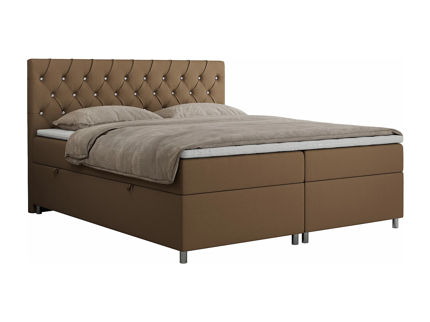 Boxspringbett ROMA mit gestepptem Kopfteil, Multipocket-Matratze, dekorative Füße - 140x200 cm - H4 - Braun Kunstleder