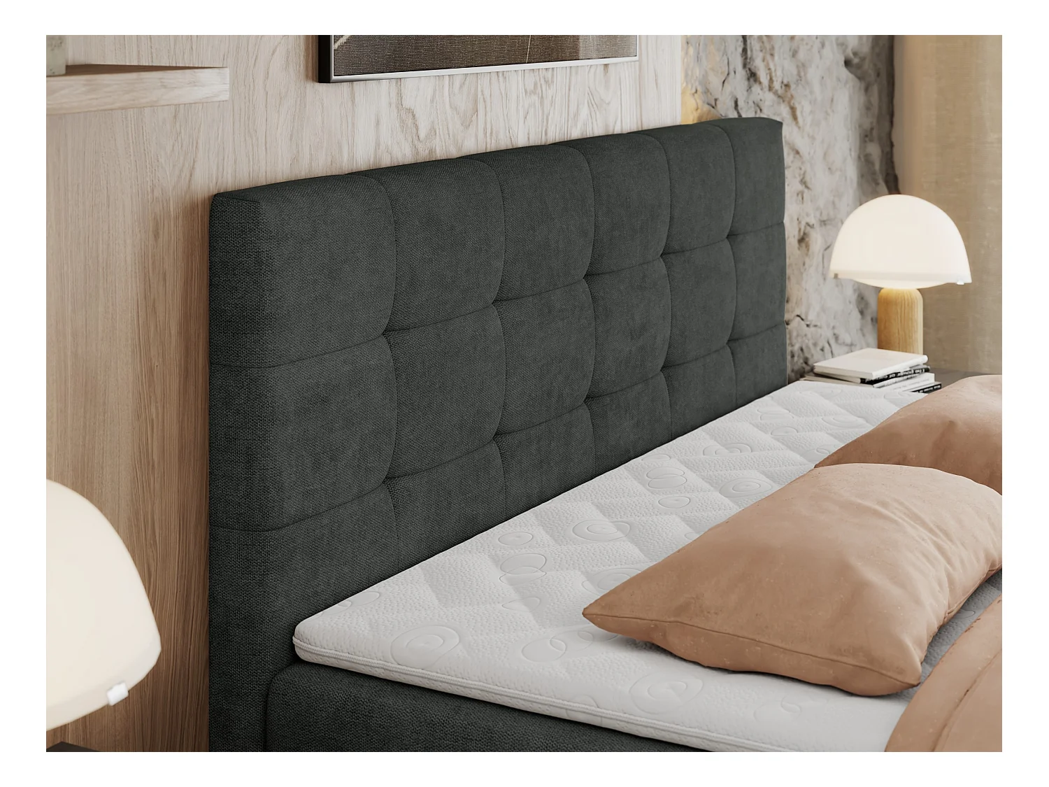Boxspringbett CENTOS mit gestepptem Kopfteil, Multipocket-Matratze, Doppelbett mit Stauraum - 200x200 cm - H4 - Dunkelgrau Struktur