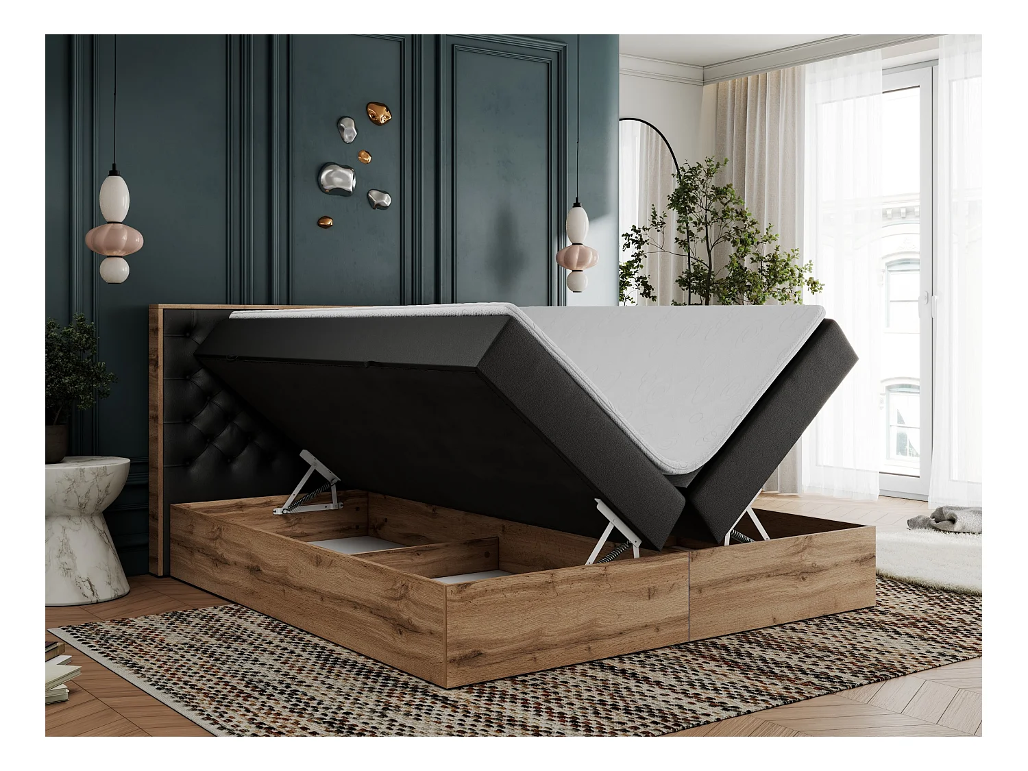 Boxspringbett ALBERO 3 - gesteppte Kopfstütze, Eiche Wotan Holzrahmen, Stauraum - 140x200 cm - H4 - Schwarz Kunstleder