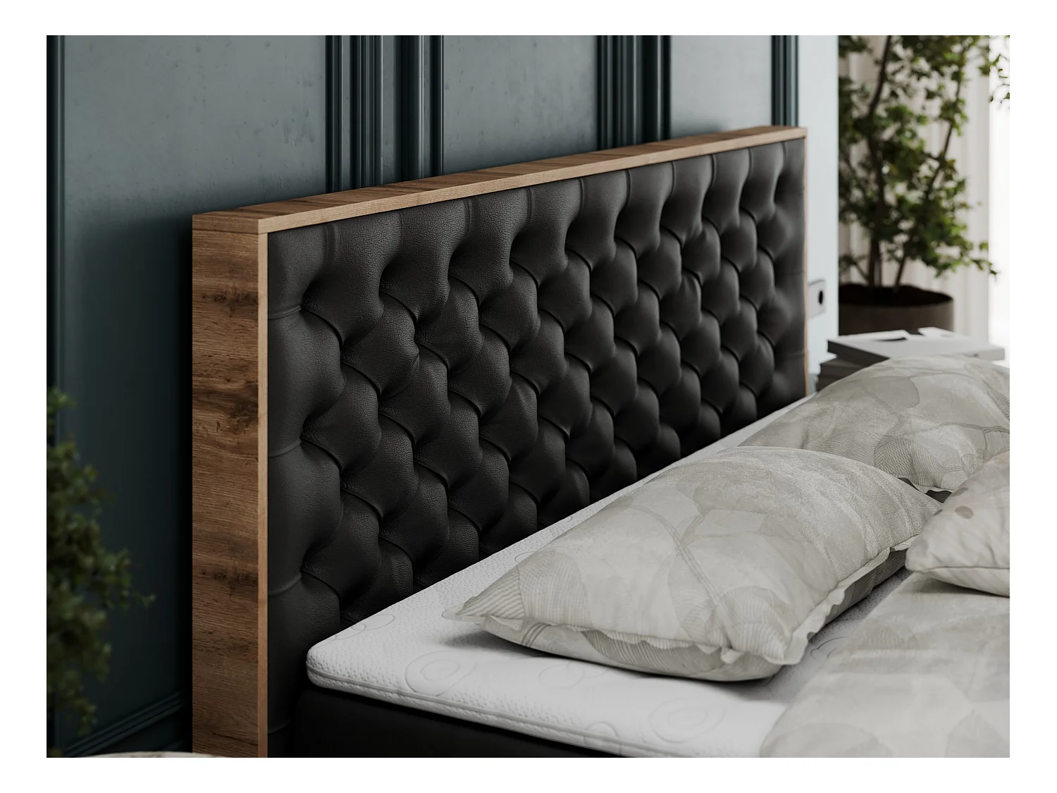 Boxspringbett ALBERO 3 - gesteppte Kopfstütze, Eiche Wotan Holzrahmen, Stauraum - 140x200 cm - H4 - Schwarz Kunstleder