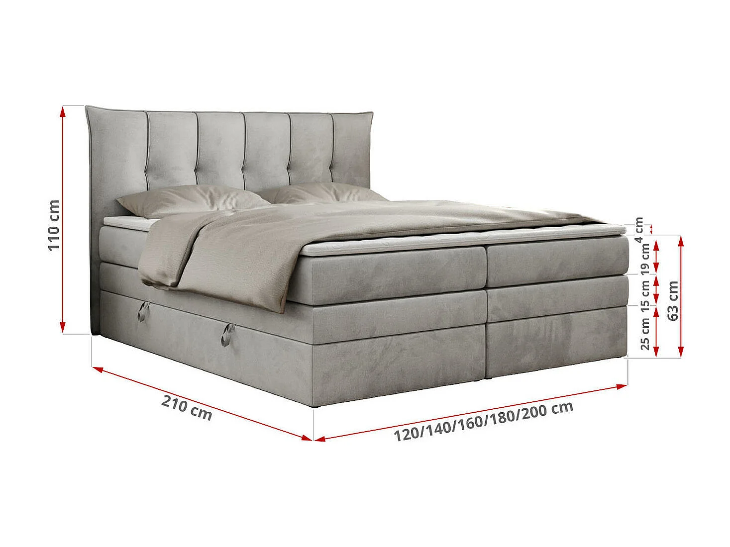 Boxspringbett PREMIUM 10 KING, Doppelbett mit Stauraum, gesteppte Kopfstütze, Multipocket-Matratze - 140x200 cm - H4 - Hellgrau Velvet