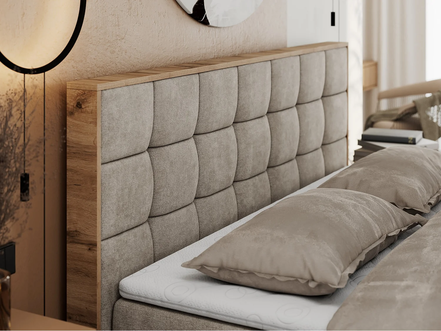 Boxspringbett ALBERO 1, Polsterbett mit gestepptem Kopfteil, Multipocket-Matratze - 200x200 cm - H4 - Beige Strukture