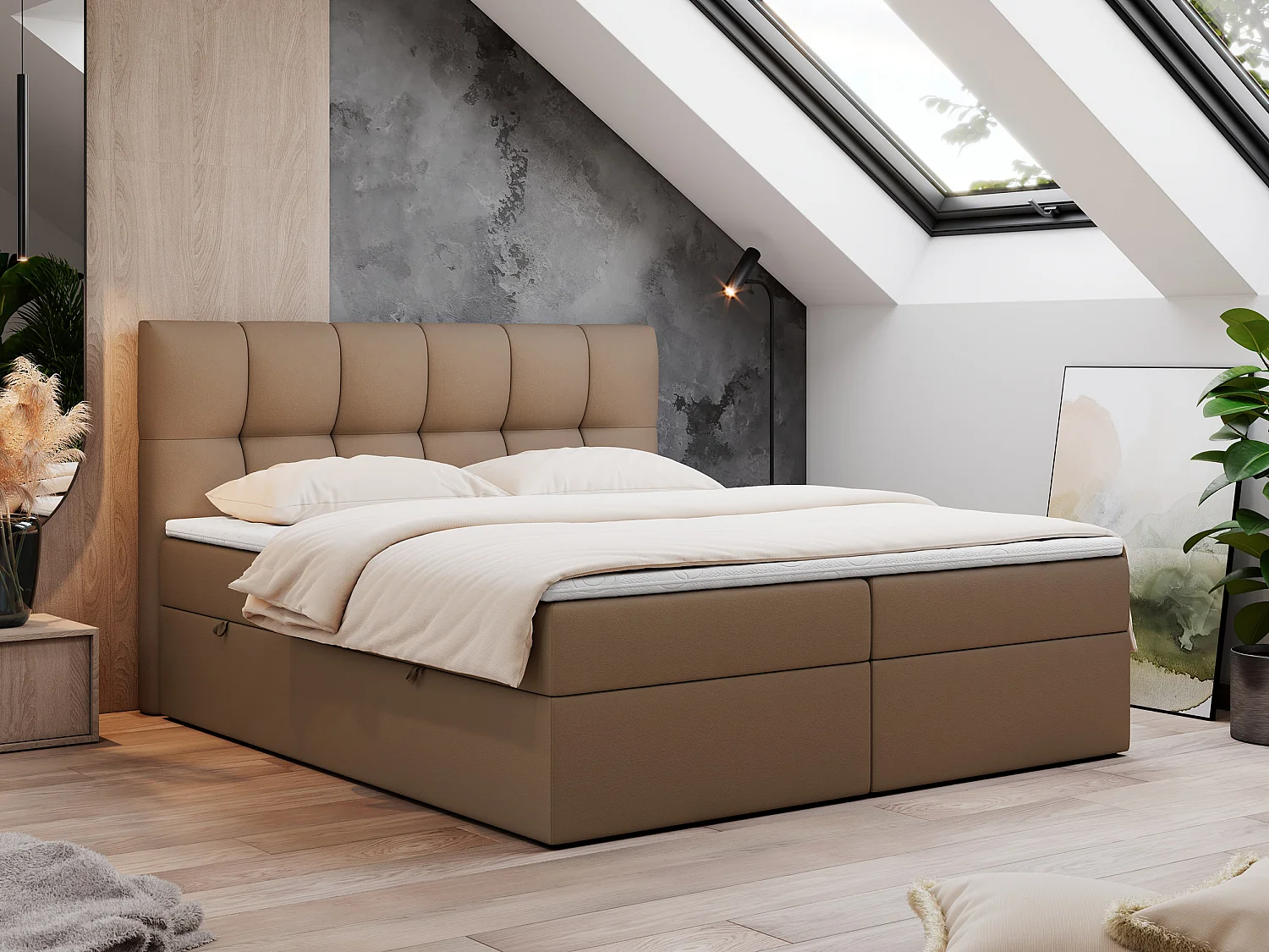 Boxspringbett RICO, Doppelbett mit Matratze, zwei Bettkästen, Bett mit Kopfteil - 120x200 cm - H4 - Braun Kunstleder