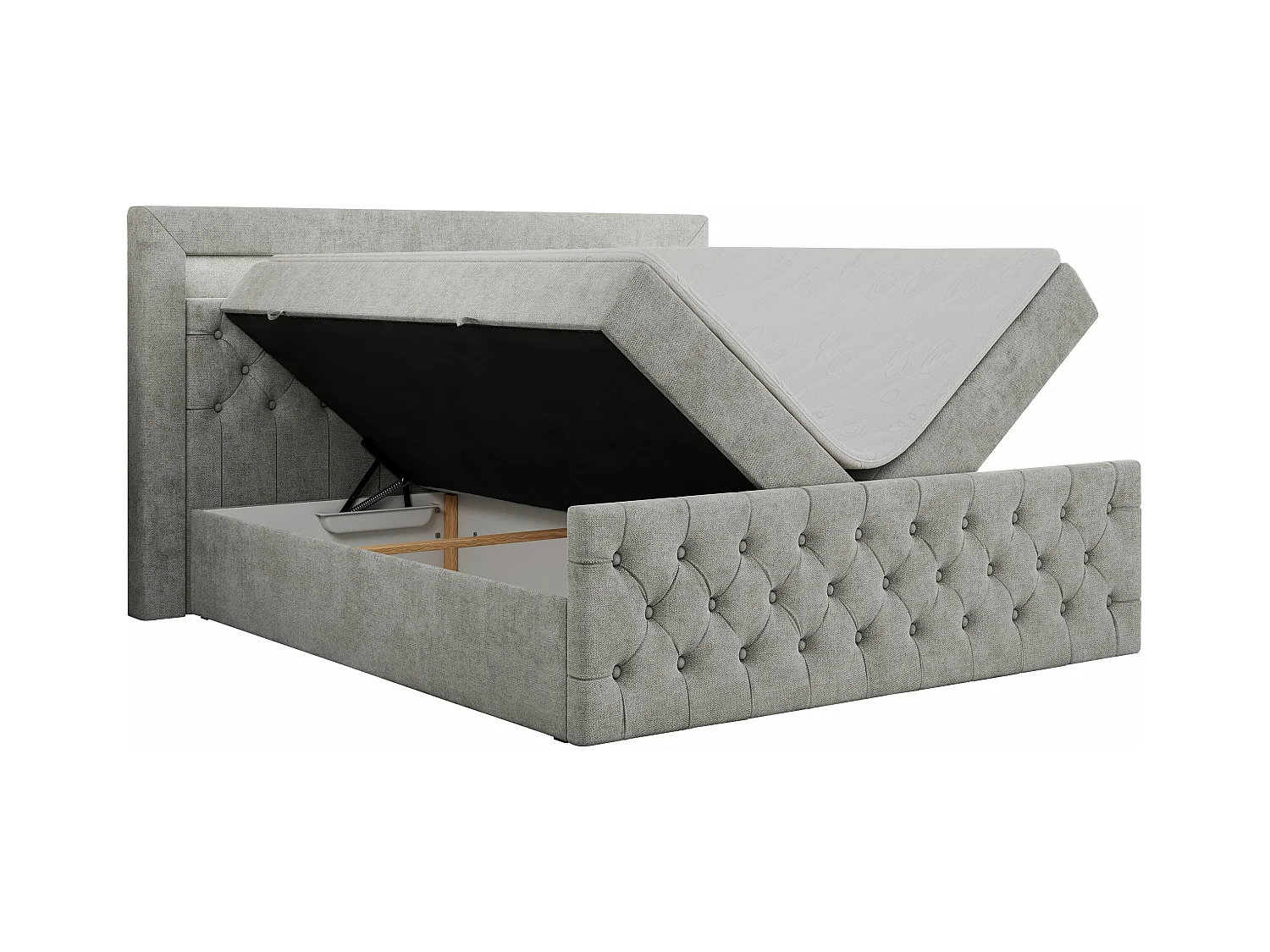 Boxspringbett GOLD 9 mit Stauraum, Multipocket-Matratze, gestepptes Bett, LED Beleuchtung - 140x200 cm - H4 - Hellgrau Strukture