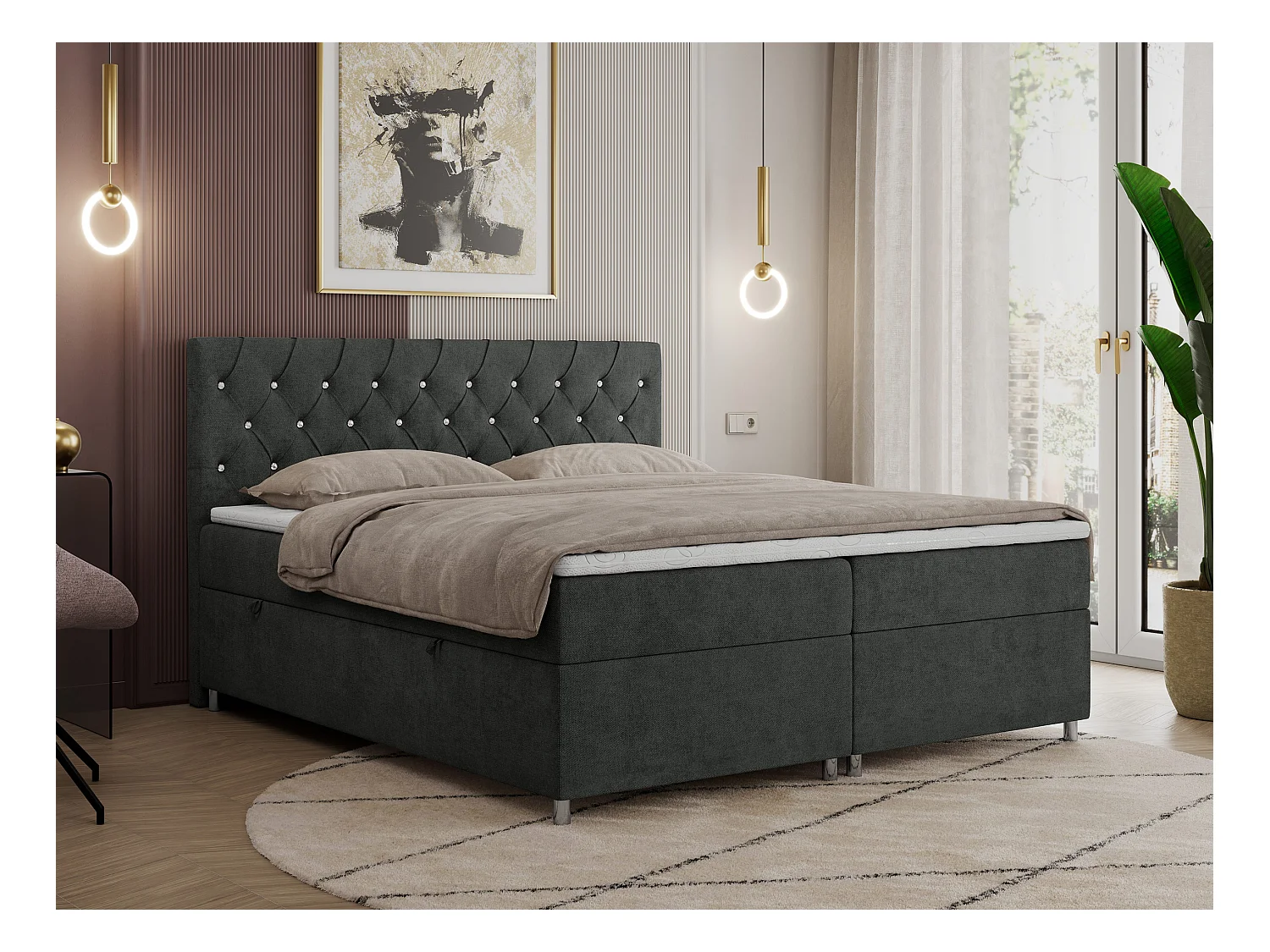 Boxspringbett ROMA mit gestepptem Kopfteil, Multipocket-Matratze, dekorative Füße - 180x200 cm - H4 - Hellgrau Strukture