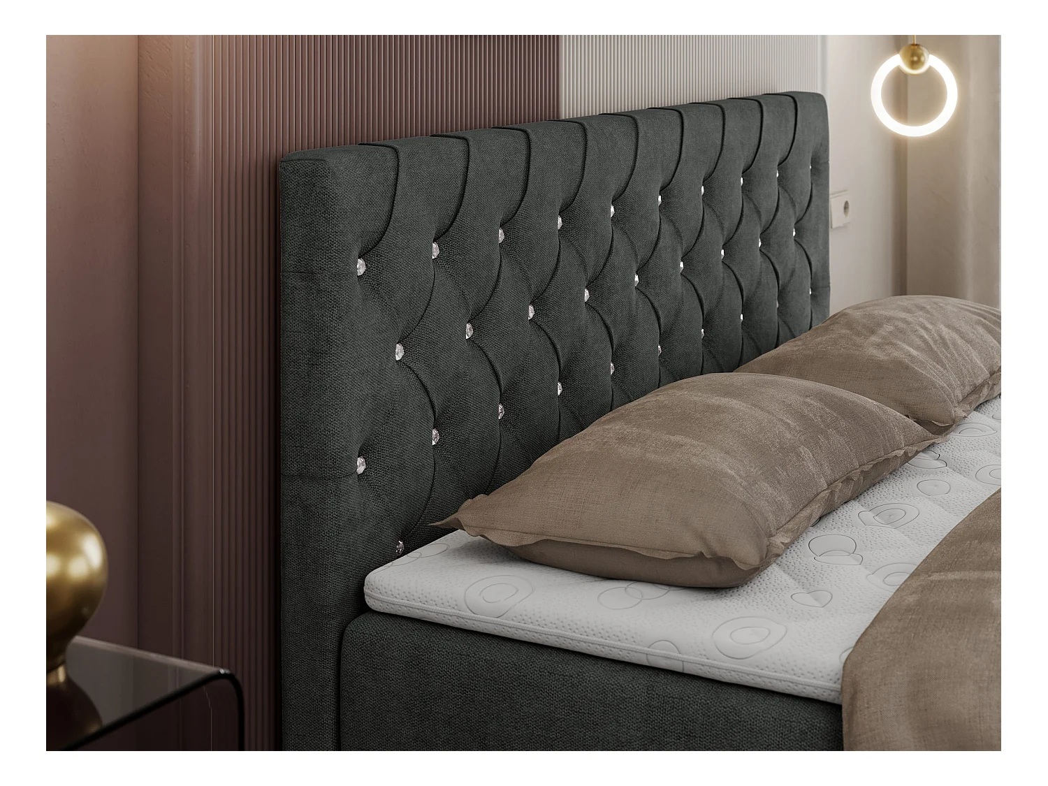 Boxspringbett ROMA mit gestepptem Kopfteil, Multipocket-Matratze, dekorative Füße - 180x200 cm - H4 - Hellgrau Strukture