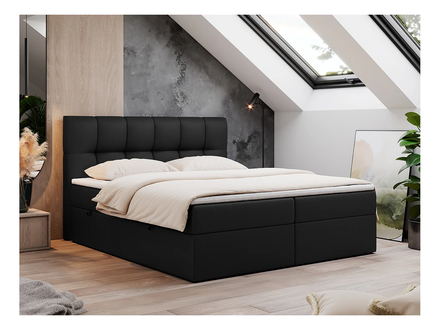 Boxspringbett RICO, Doppelbett mit Matratze, zwei Bettkästen, Bett mit Kopfteil - 160x200 cm - H4 - Schwarz Kunstleder