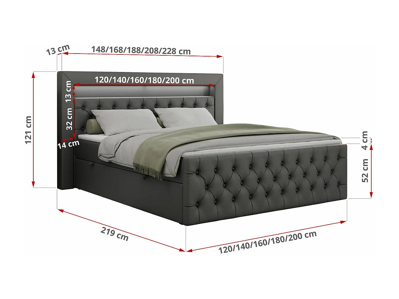 Boxspringbett GOLD 9 mit Stauraum, Multipocket-Matratze, gestepptes Bett, LED Beleuchtung - 200x200 cm - H4 - Dunkelgrau Kunstleder