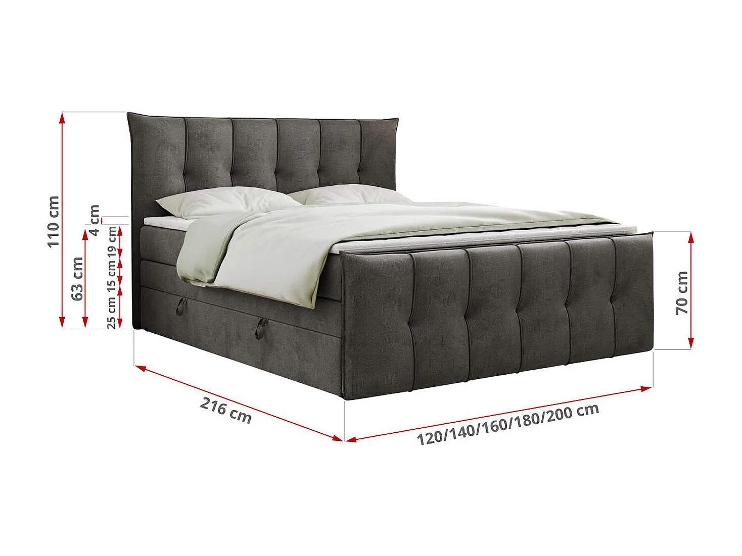 Boxspringbett PREMIUM 11 KING mit Stauraum, gestepptes Kopfteil, zwei Multipocket-Matratzen - 200x200 cm - H4 - Hellgrau Velvet
