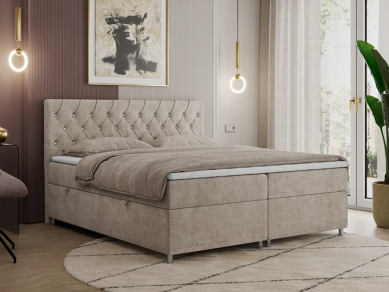 Boxspringbett ROMA mit gestepptem Kopfteil, Multipocket-Matratze, dekorative Füße - 180x200 cm - H3 - Beige Strukture